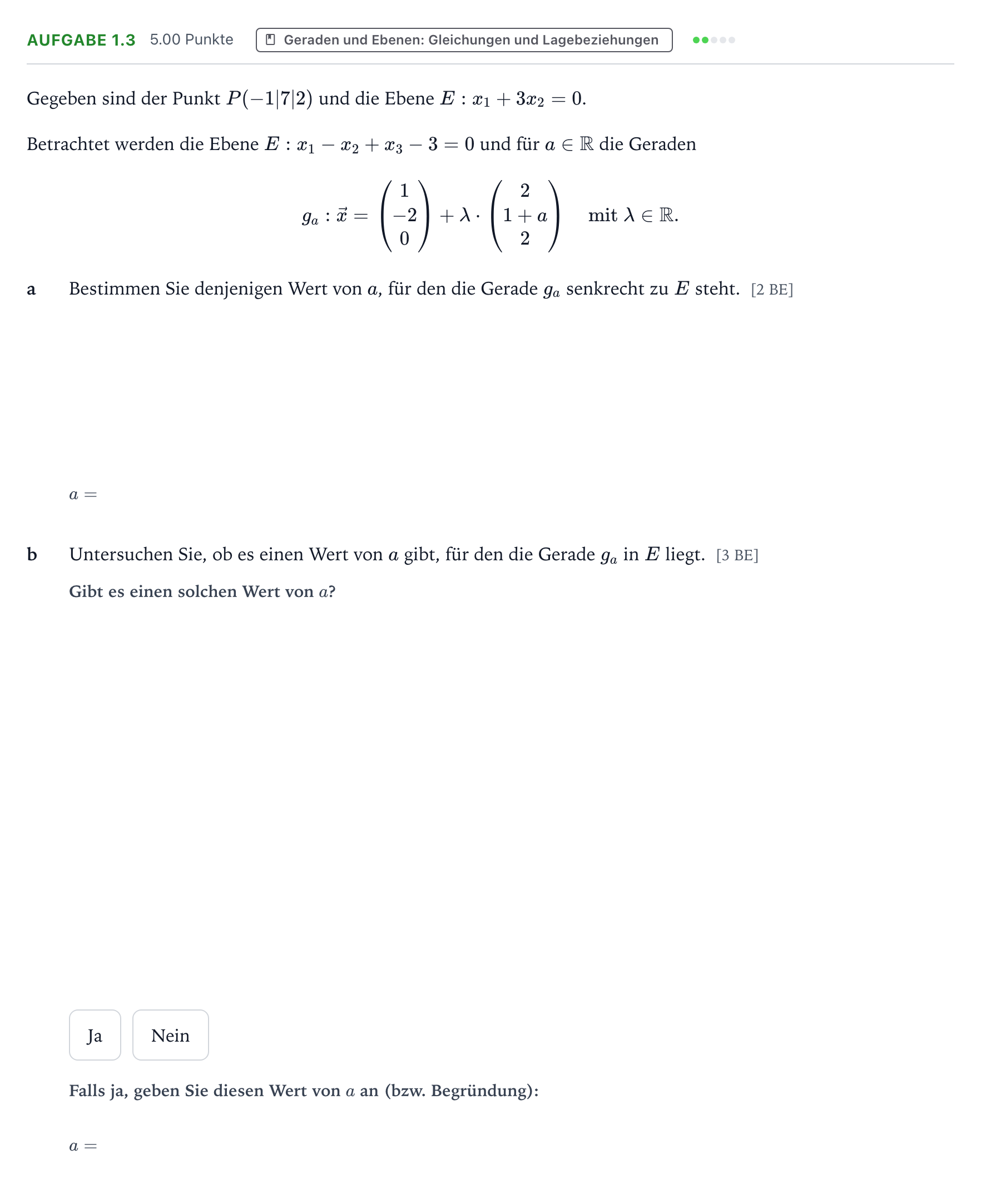 Aufgabenstellung: Aufgabe 1.3 · Abitur NRW Mathematik LK · Teil A · Analytische Geometrie 2021