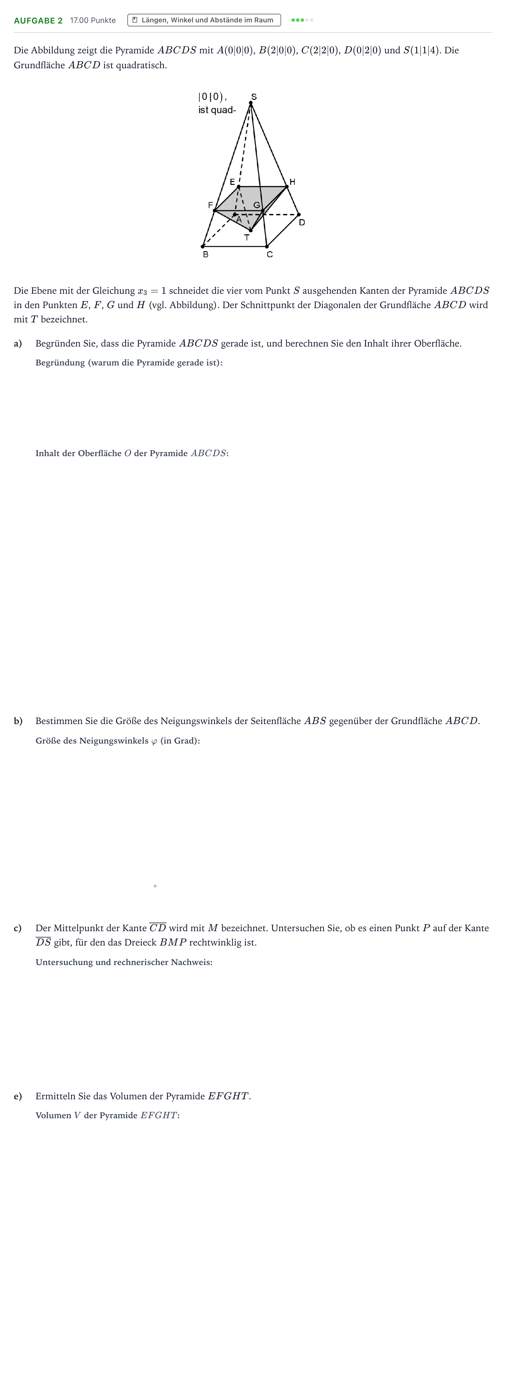 Aufgabenstellung: Aufgabe 2 - Längen, Winkel und Abstände im Raum · Abitur NRW Mathematik GK · Teil B · Analytische Geometrie (CAS 2021