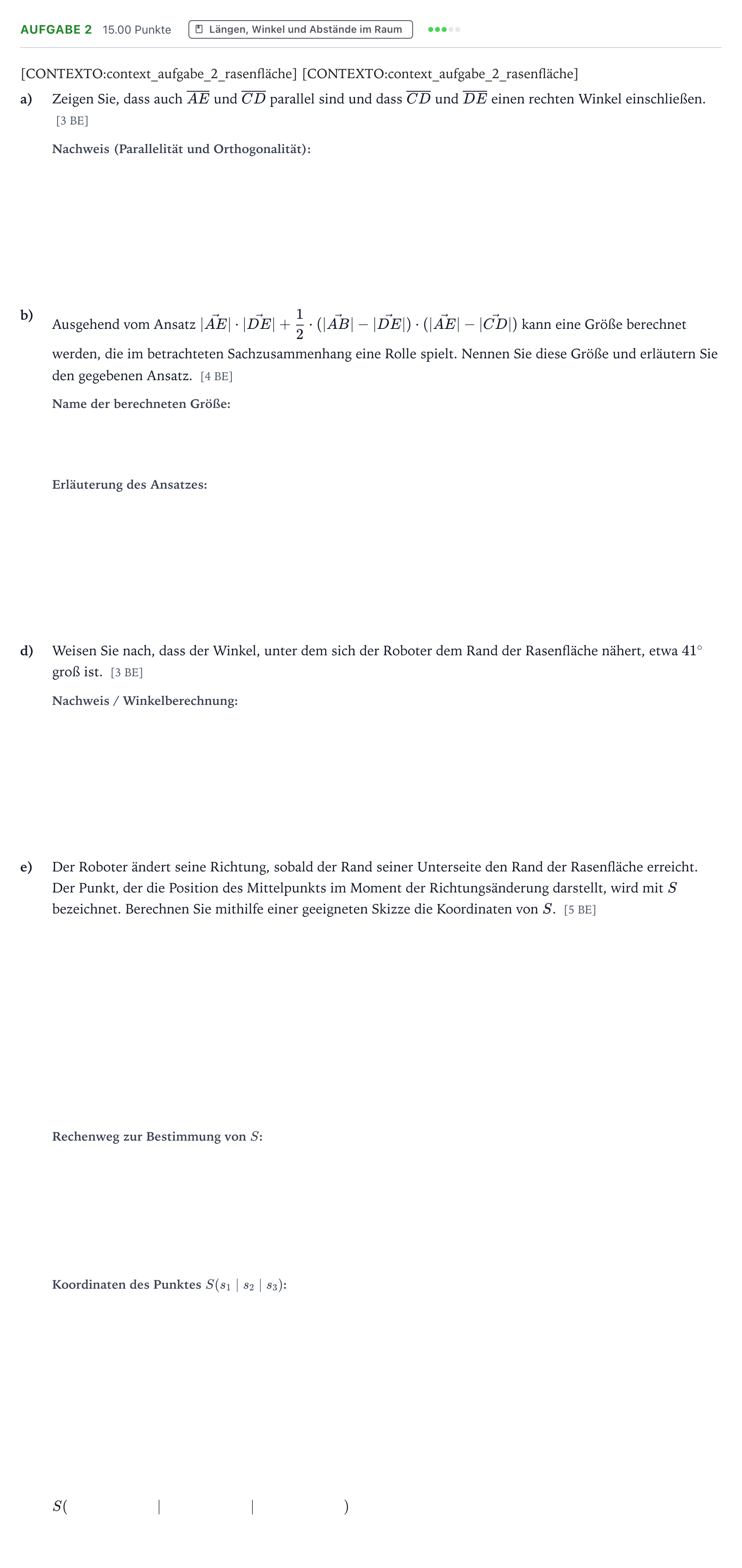 Aufgabenstellung: Aufgabe 2 - Längen, Winkel und Abstände im Raum · Abitur NRW Mathematik GK · Teil B · Analytische Geometrie (WTR 2021