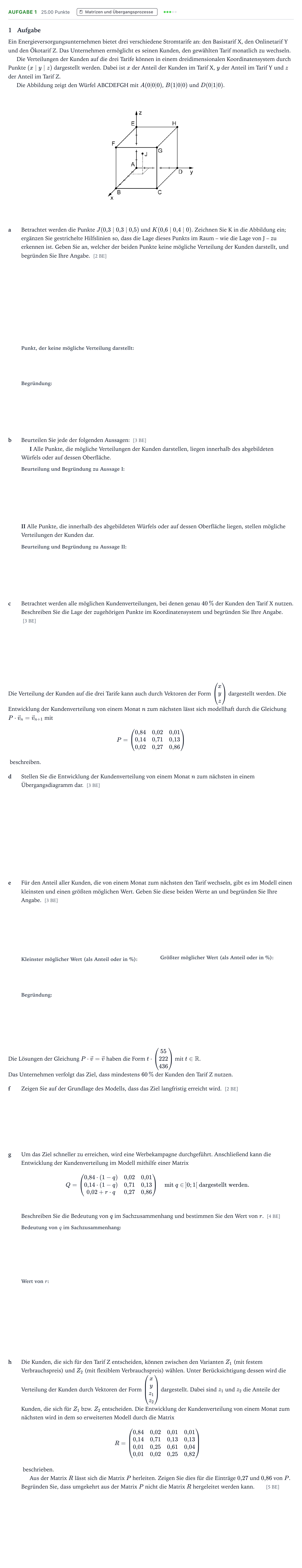 Aufgabenstellung: Aufgabe 1 · Abitur NRW Mathematik LK · Teil B · Lineare Algebra (WTR) 2021