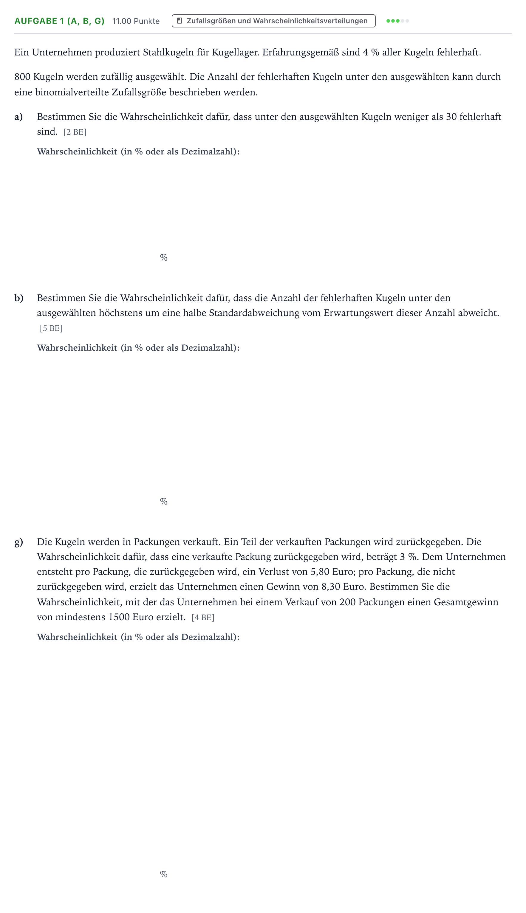 Aufgabenstellung: Aufgabe 1 (a, b, g) - Zufallsgrößen und Wahrscheinlichkei… · Abitur NRW Mathematik LK · Teil B · Stochastik (WTR) 2021