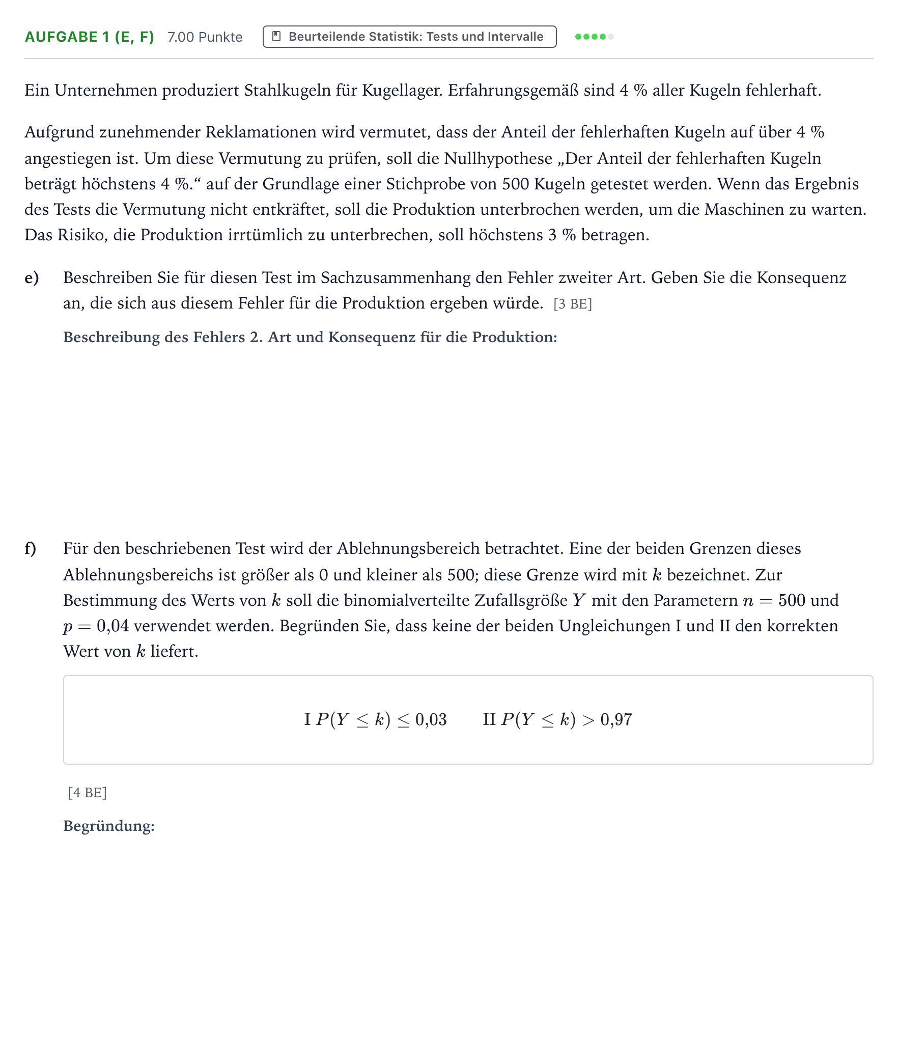 Aufgabenstellung: Aufgabe 1 (e, f) - Beurteilende Statistik: Tests und Inte… · Abitur NRW Mathematik LK · Teil B · Stochastik (WTR) 2021