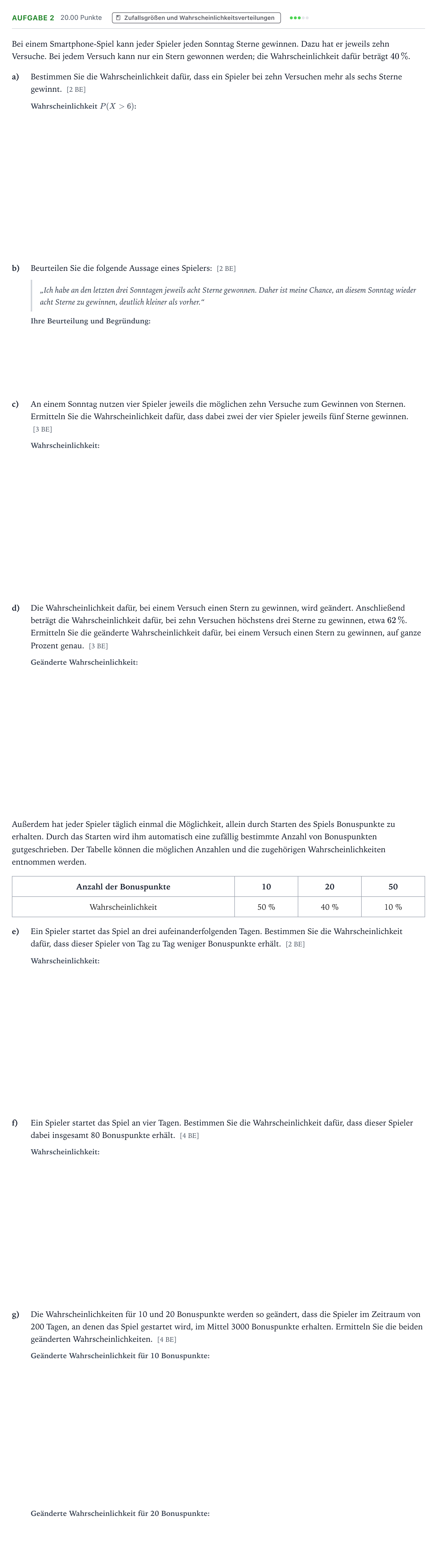 Aufgabenstellung: Aufgabe 2 · Abitur NRW Mathematik GK · Teil B · Stochastik (CAS) 2021