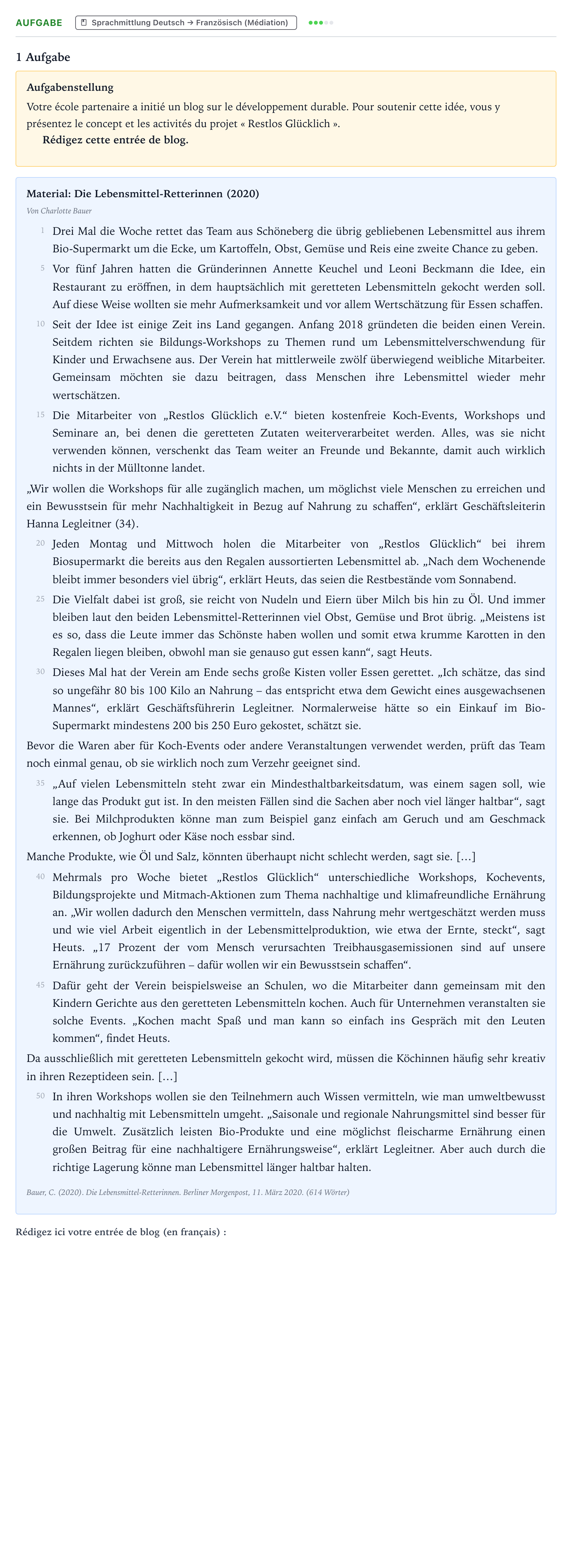 Aufgabenstellung: Aufgabe · Abitur NRW Französisch LK · Bauer: Die Lebensmittel-Retterinnen 2023