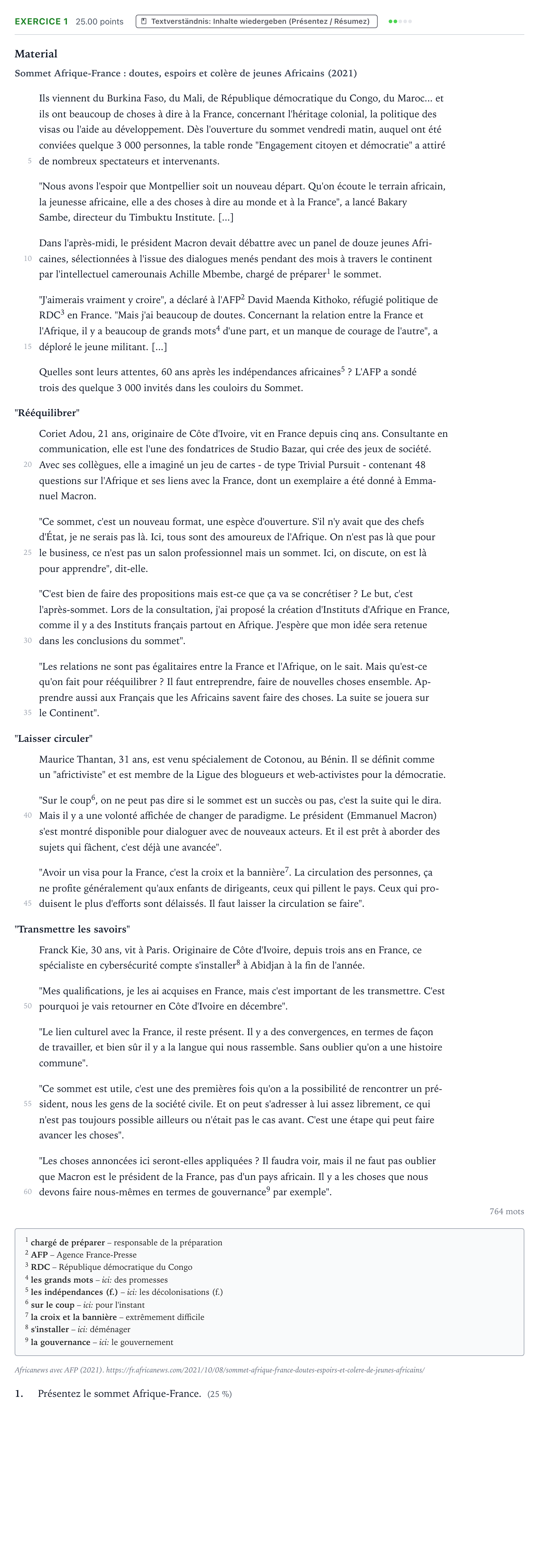 Aufgabenstellung: Aufgabe 1 · Abitur NRW Französisch GK · Africanews: Sommet Afrique-France 2024