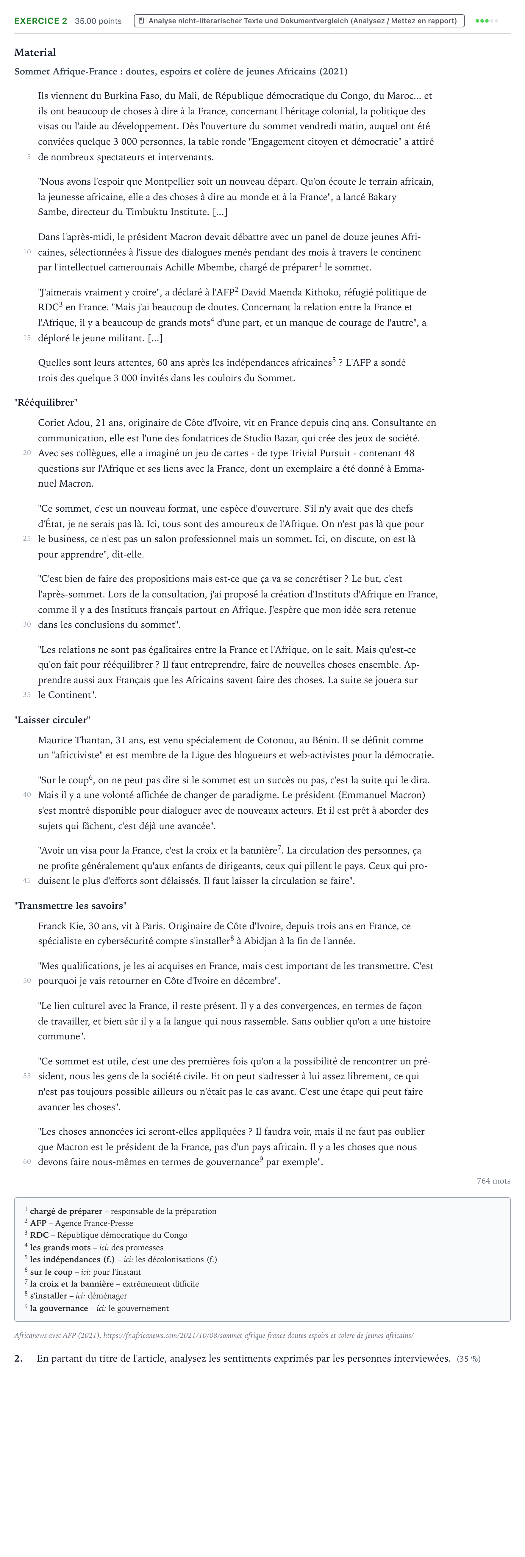 Aufgabenstellung: Aufgabe 2 · Abitur NRW Französisch GK · Africanews: Sommet Afrique-France 2024