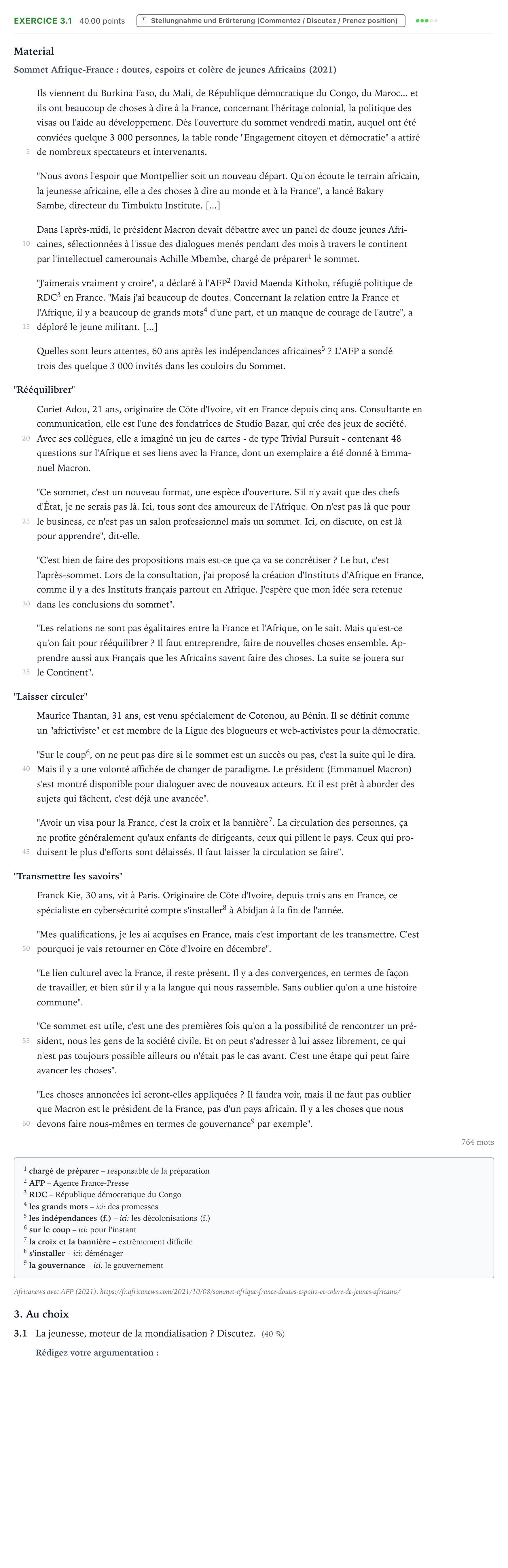 Aufgabenstellung: Aufgabe 3.1 · Abitur NRW Französisch GK · Africanews: Sommet Afrique-France 2024