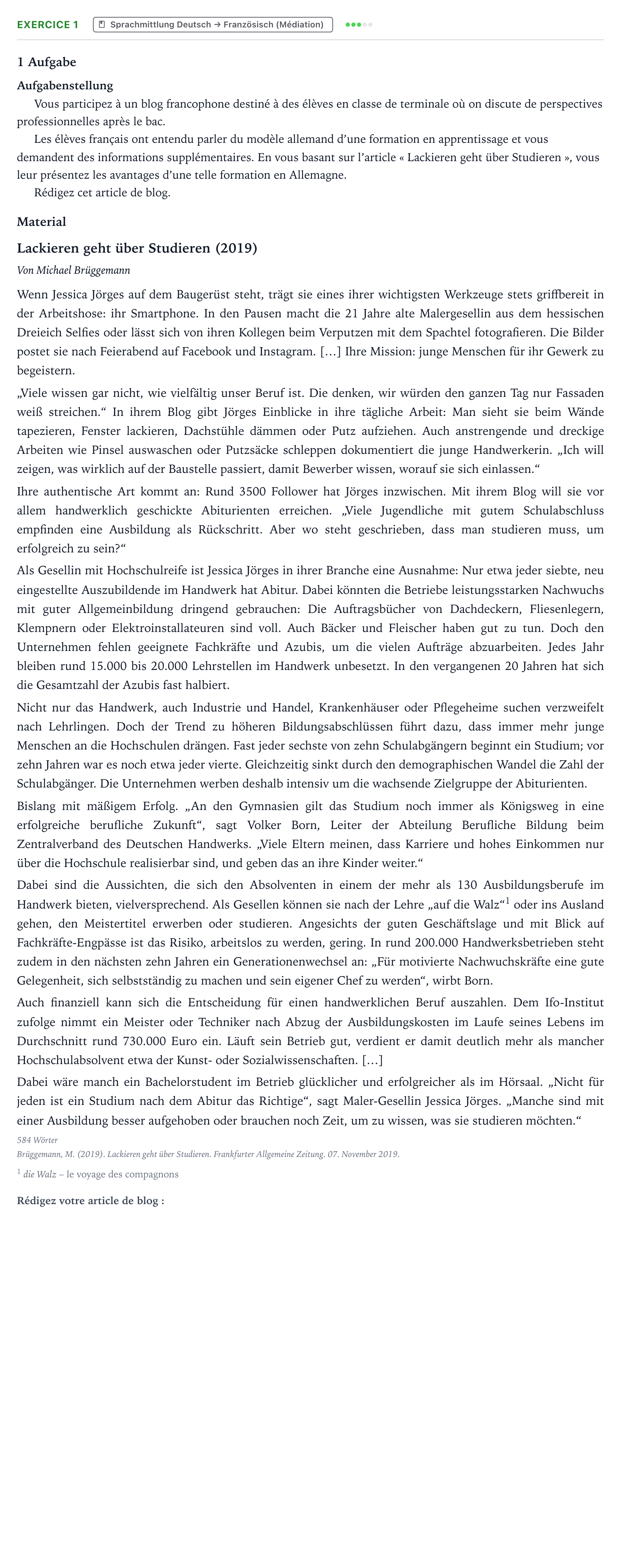 Aufgabenstellung: Aufgabe 1 · Abitur NRW Französisch GK · Brüggemann: Lackieren geht über Stu 2023