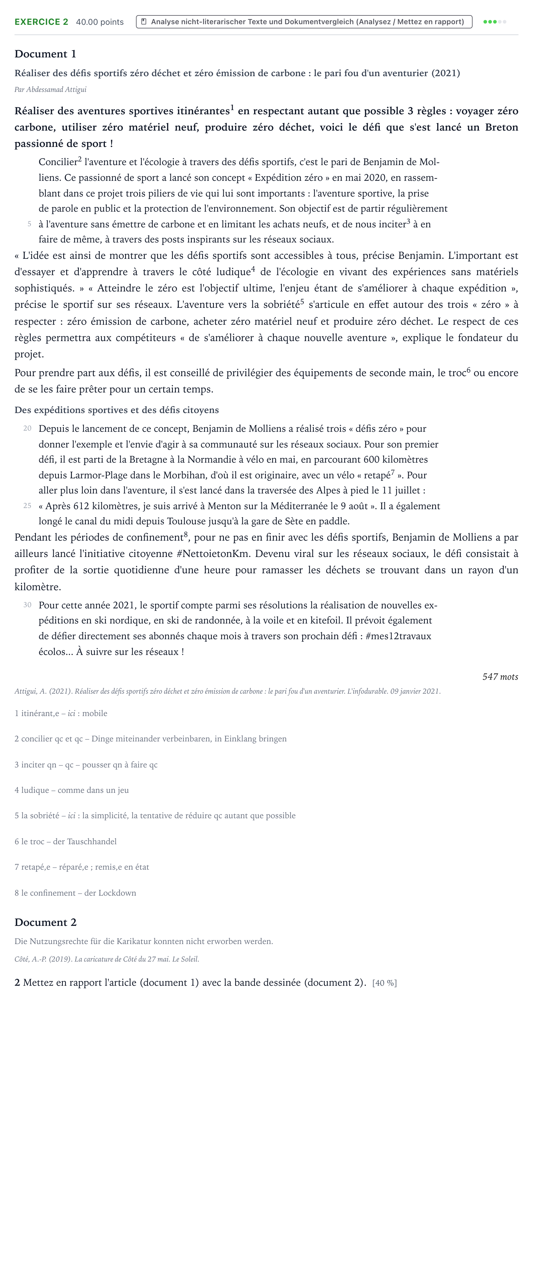 Aufgabenstellung: Aufgabe 2 · Abitur NRW Französisch GK · Attigui, A.: Réaliser des défis spo 2025