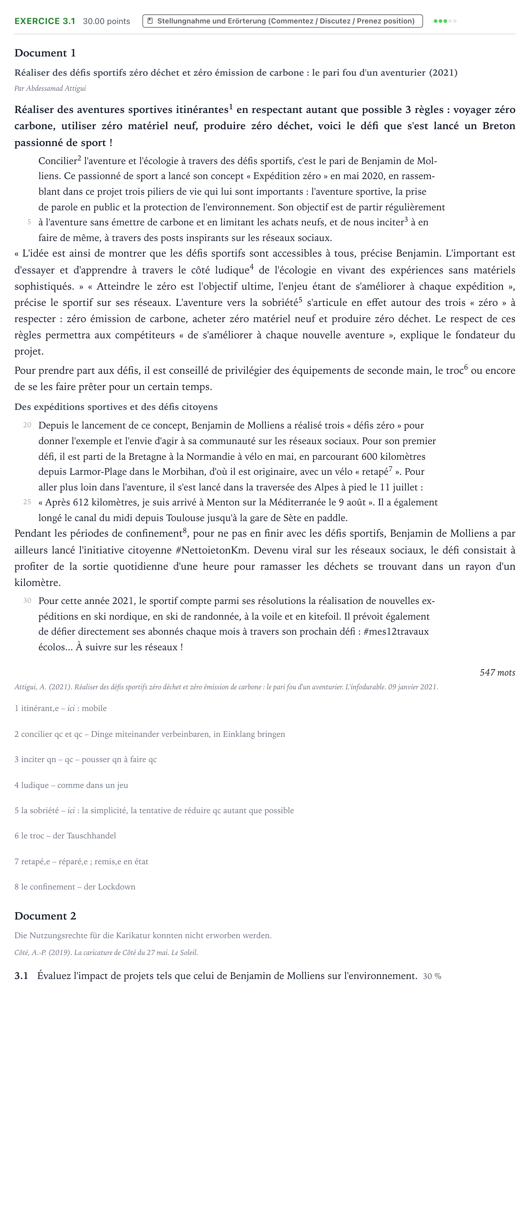 Aufgabenstellung: Aufgabe 3.1 · Abitur NRW Französisch GK · Attigui, A.: Réaliser des défis spo 2025