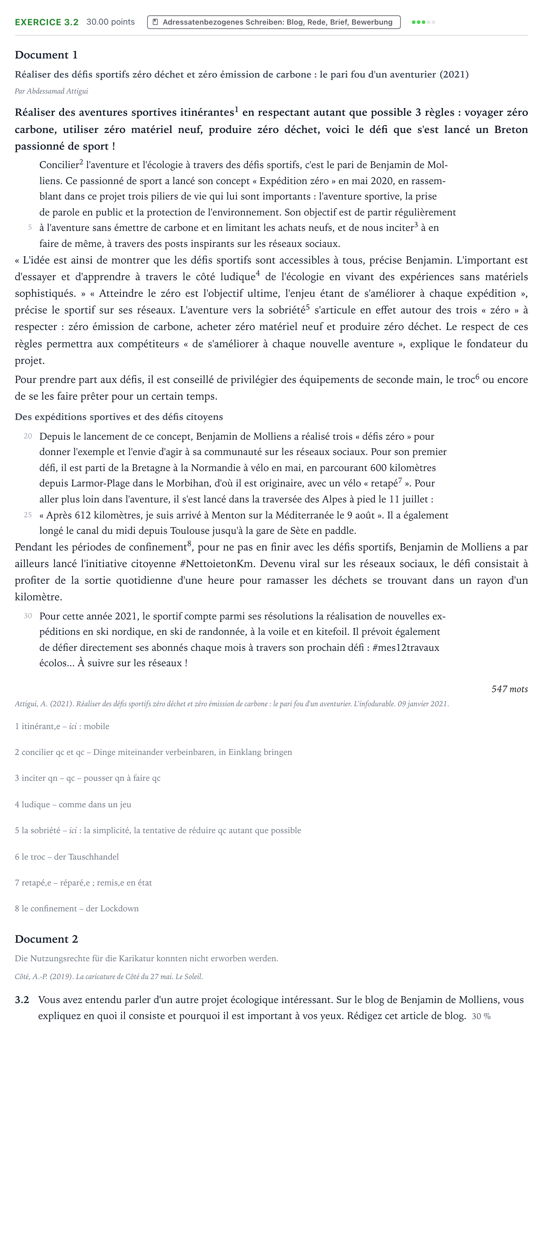 Aufgabenstellung: Aufgabe 3.2 · Abitur NRW Französisch GK · Attigui, A.: Réaliser des défis spo 2025