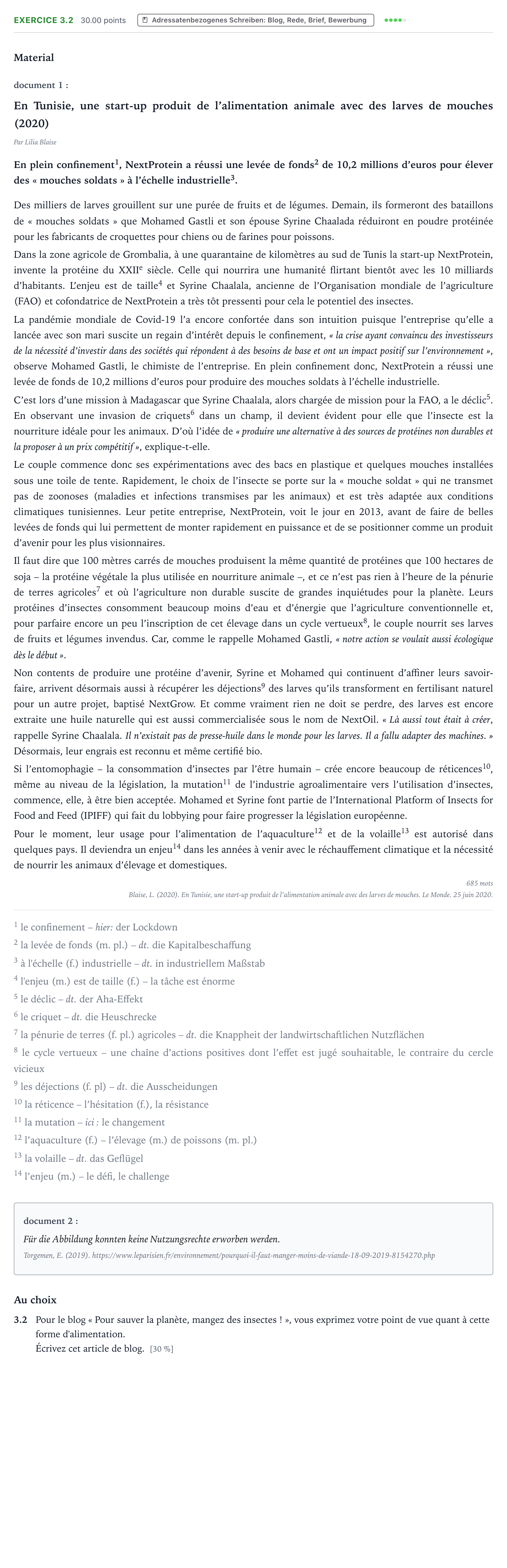 Aufgabenstellung: Aufgabe 3.2 · Abitur NRW Französisch LK · Blaise, L.: En Tunisie, une start-u 2025