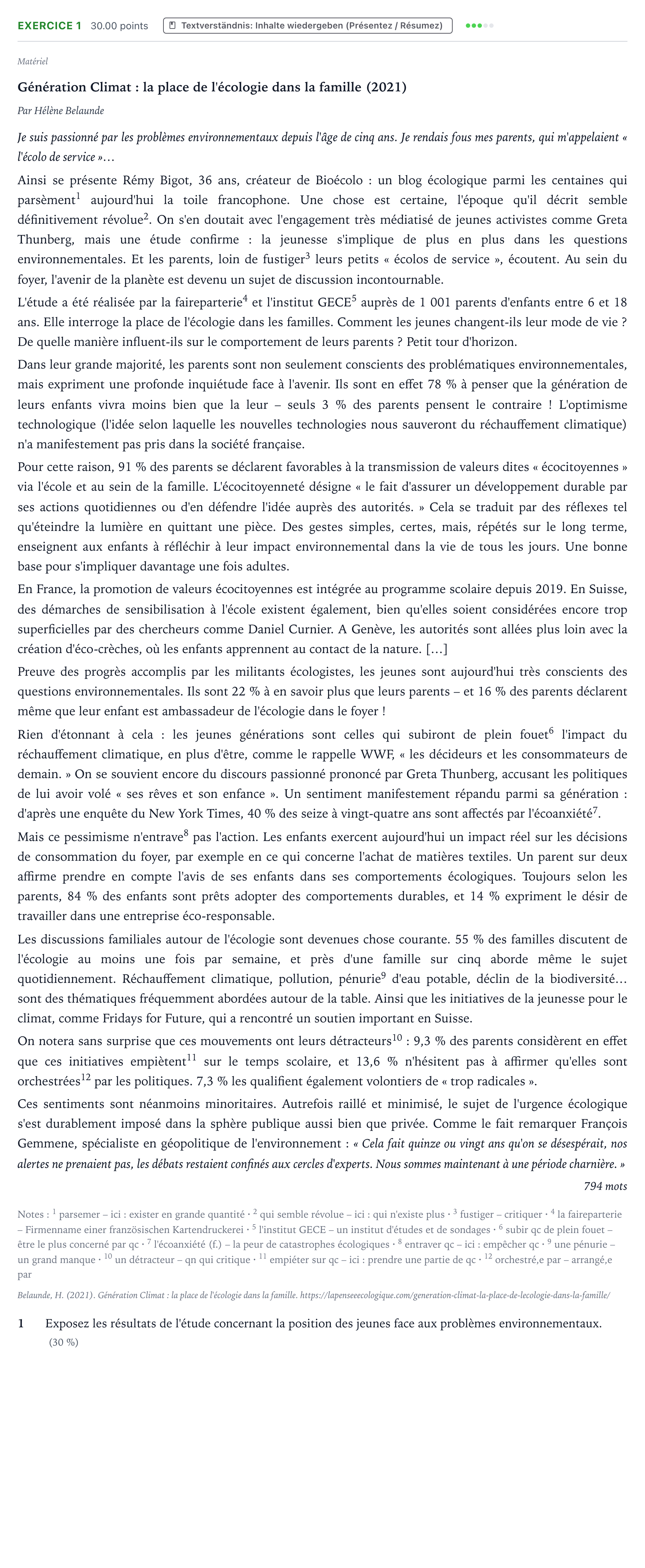Aufgabenstellung: Aufgabe 1 · Abitur NRW Französisch GK · Belaunde, H.: Génération Climat : l 2026