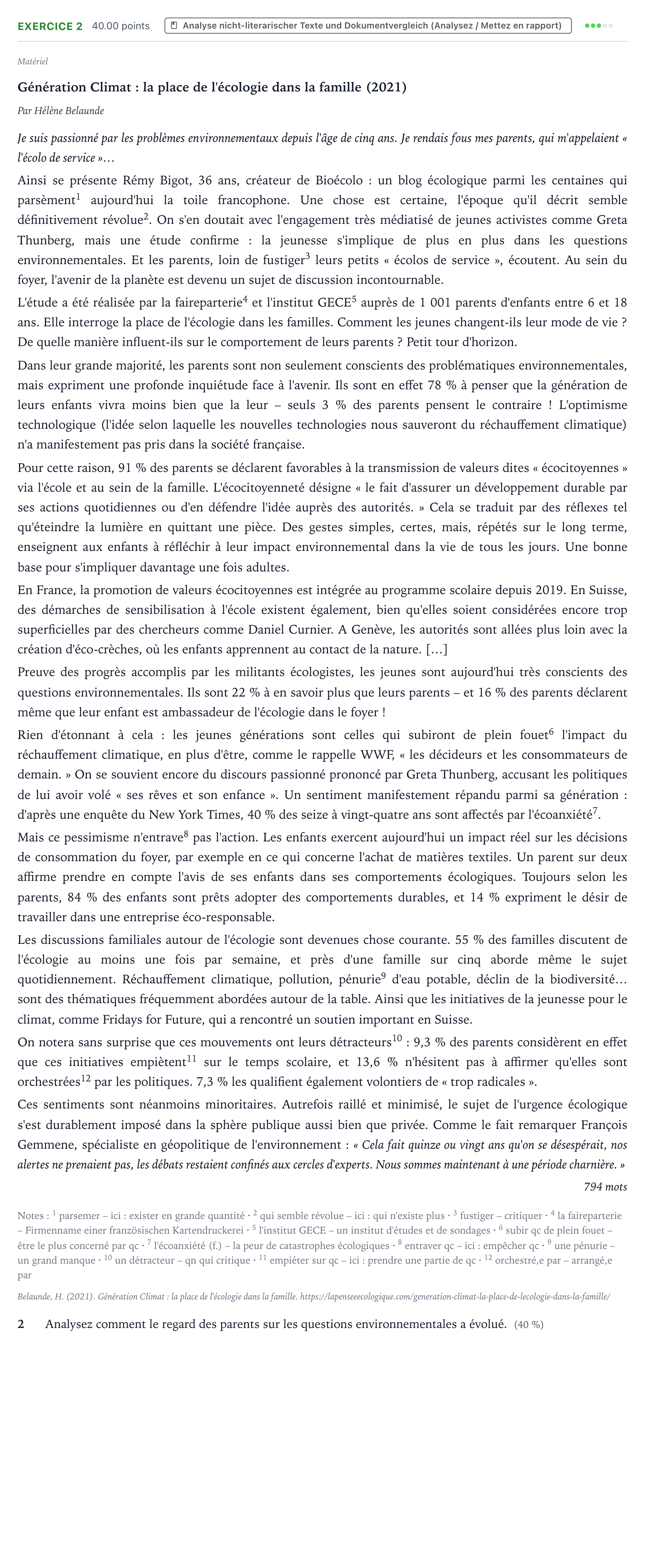 Aufgabenstellung: Aufgabe 2 · Abitur NRW Französisch GK · Belaunde, H.: Génération Climat : l 2026