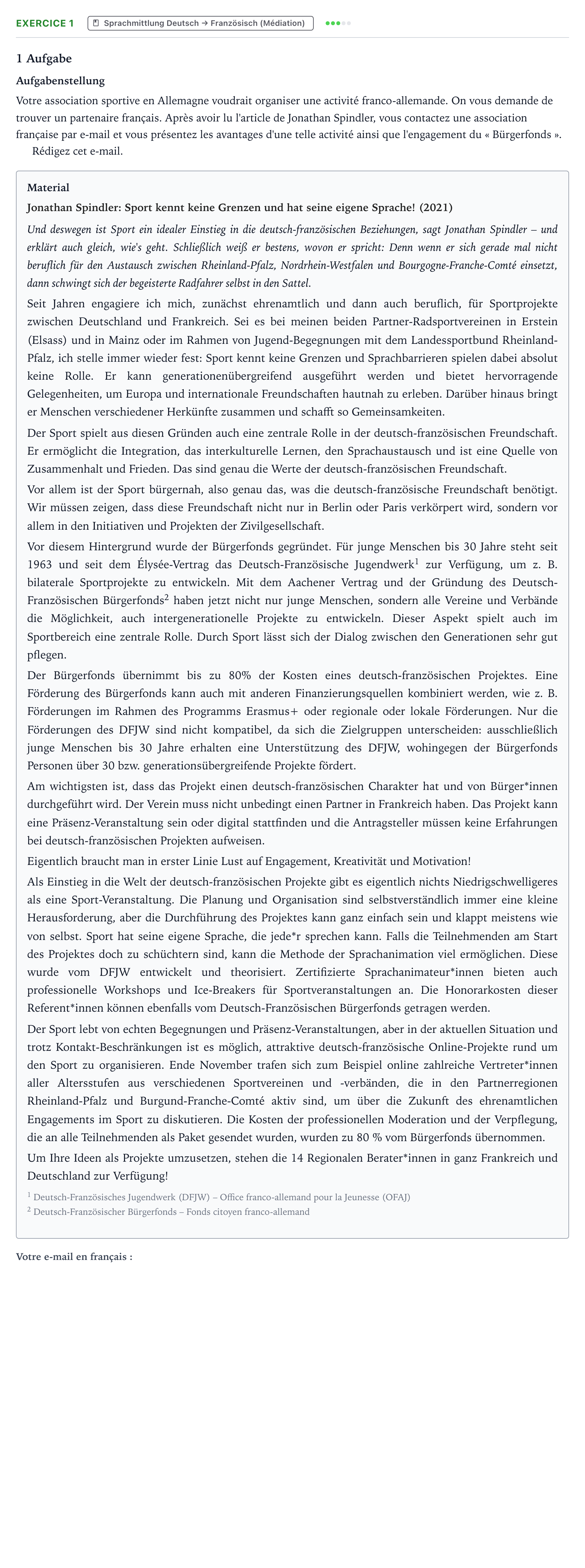 Aufgabenstellung: Aufgabe 1 · Abitur NRW Französisch GK · Bürgerfonds: Sport kennt keine Gren 2024