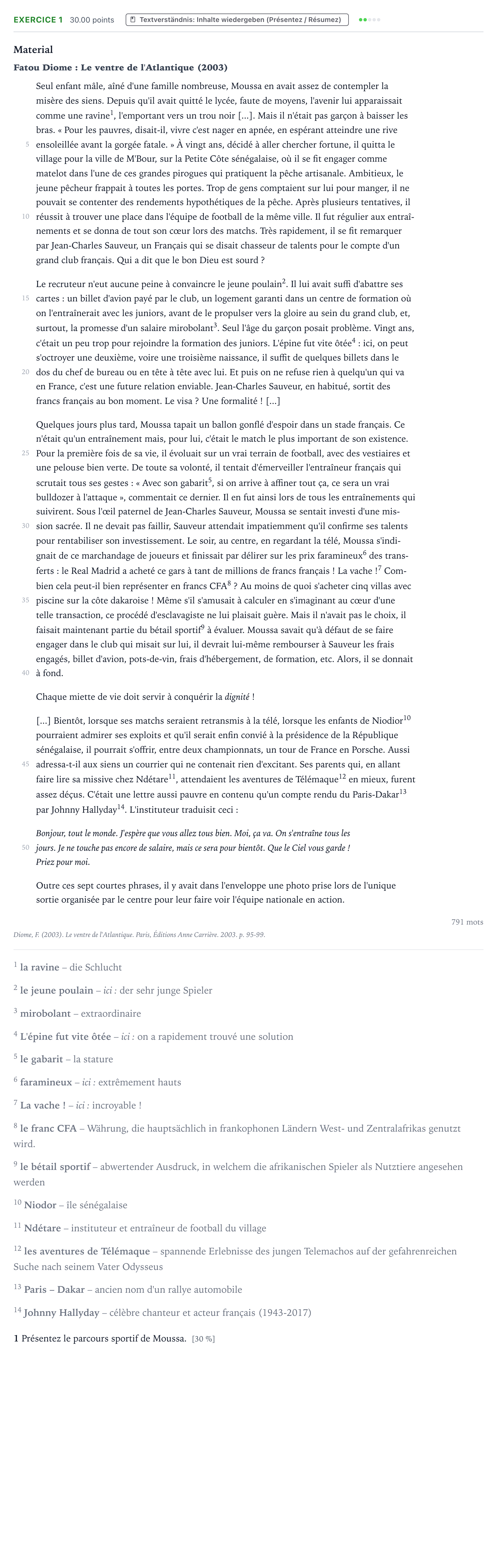Aufgabenstellung: Aufgabe 1 · Abitur NRW Französisch GK · Diome: Le ventre de l'Atlantique 2024