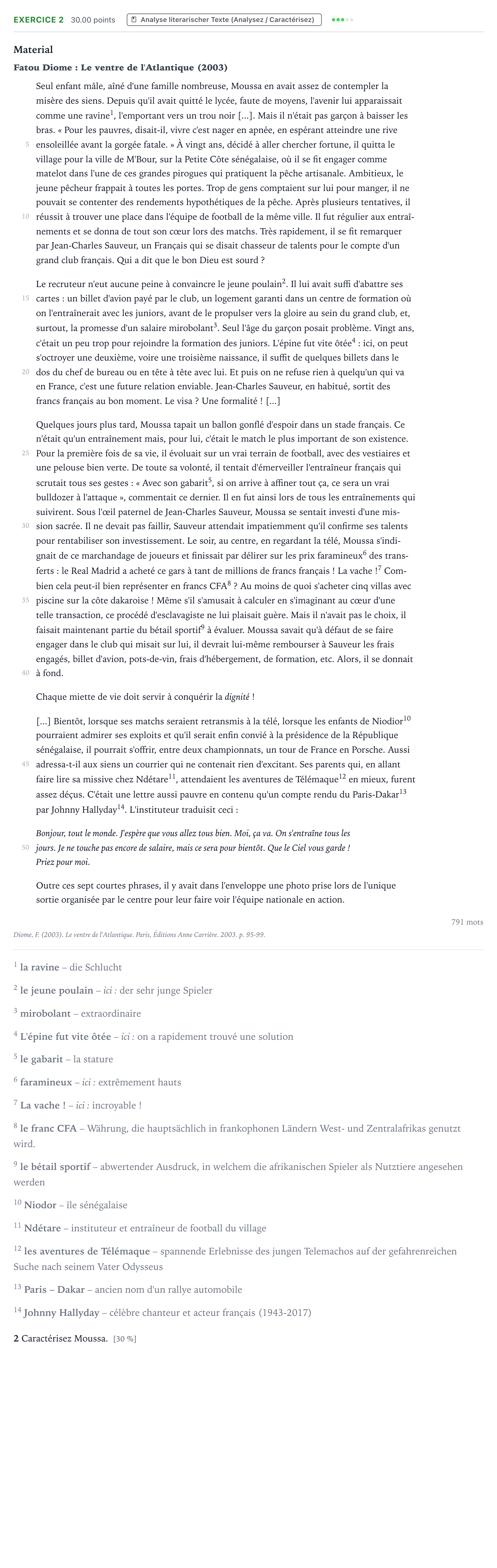 Aufgabenstellung: Aufgabe 2 · Abitur NRW Französisch GK · Diome: Le ventre de l'Atlantique 2024