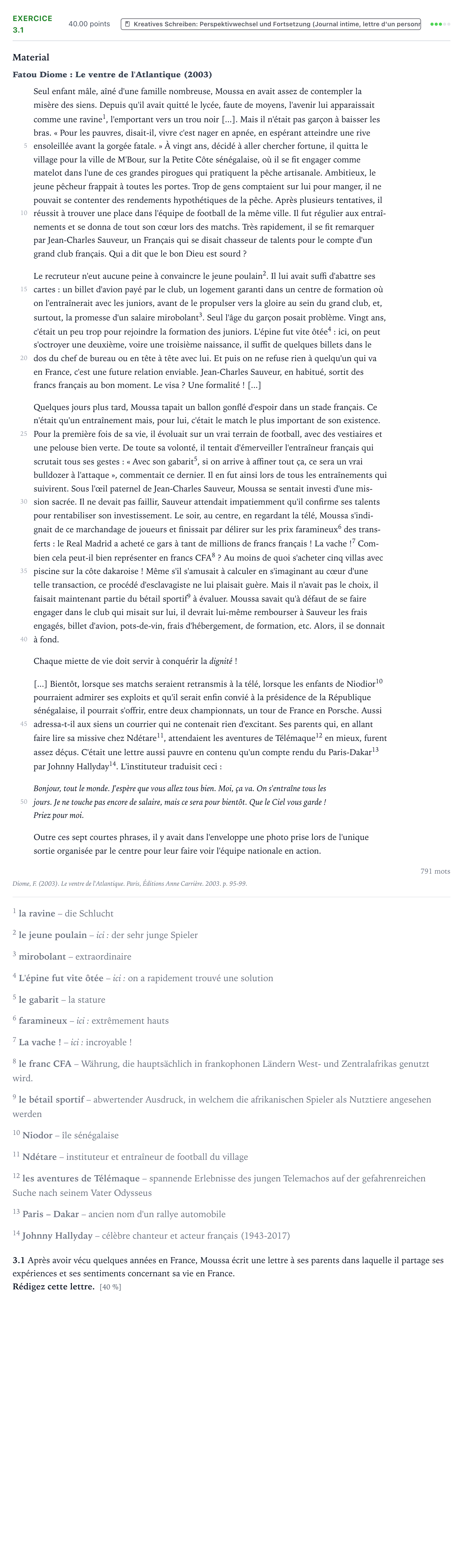 Aufgabenstellung: Aufgabe 3.1 · Abitur NRW Französisch GK · Diome: Le ventre de l'Atlantique 2024
