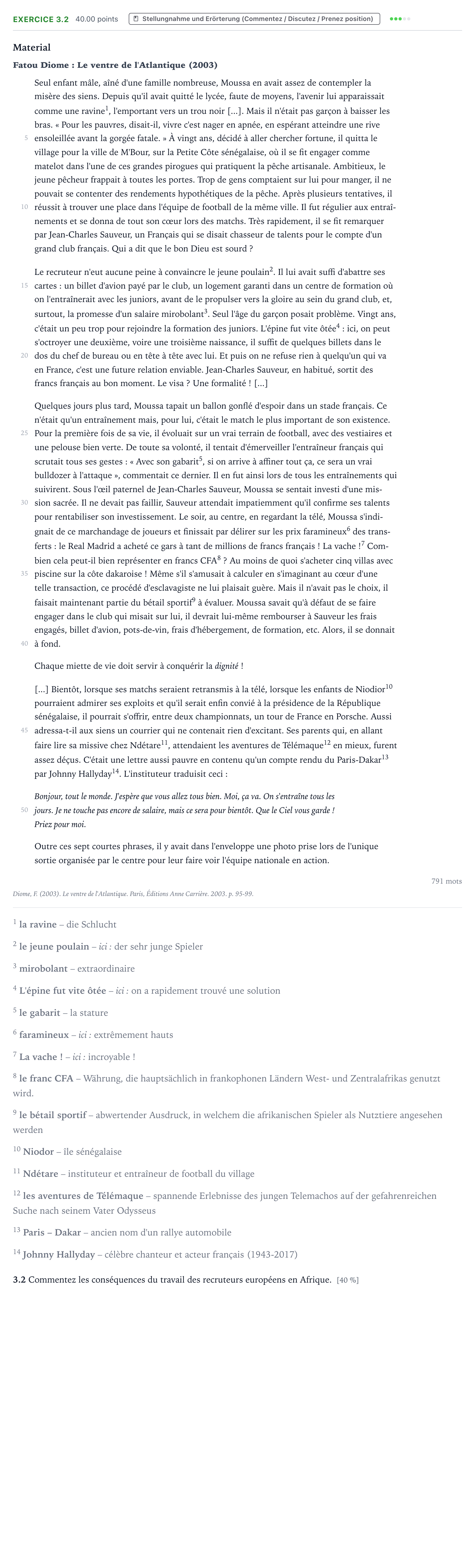 Aufgabenstellung: Aufgabe 3.2 · Abitur NRW Französisch GK · Diome: Le ventre de l'Atlantique 2024