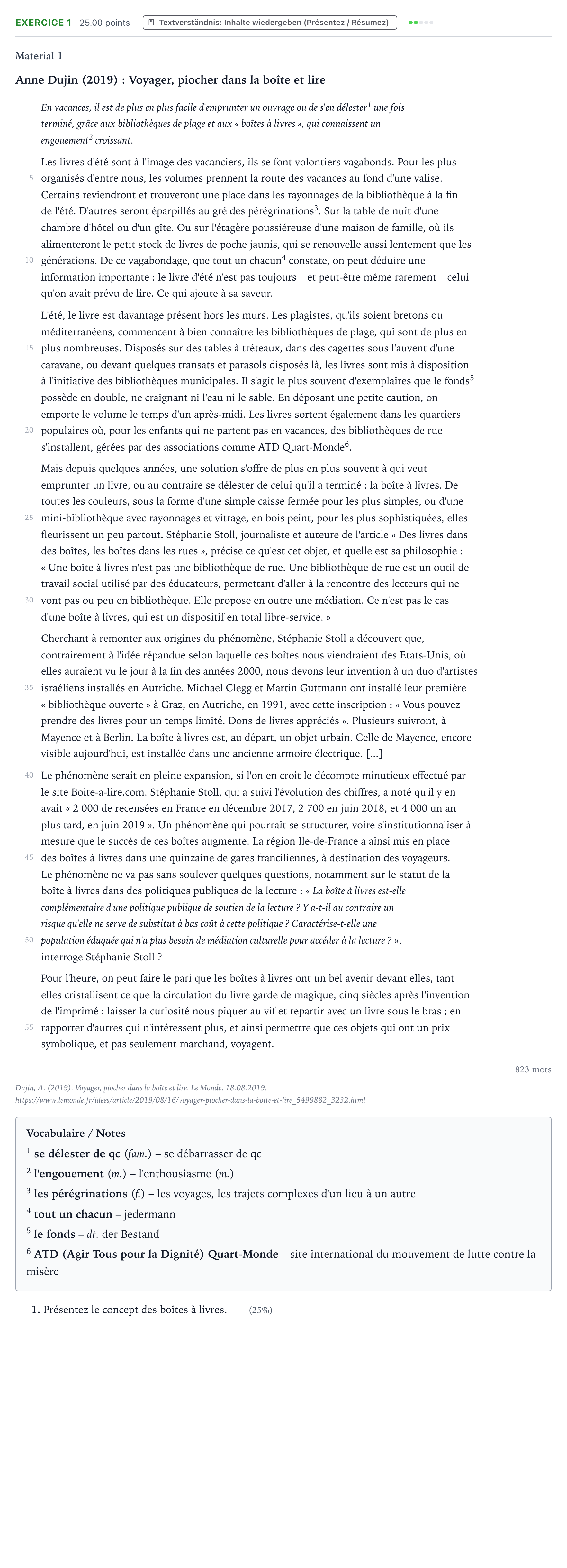 Aufgabenstellung: Aufgabe 1 · Abitur NRW Französisch LK · Dujin: Voyager, piocher dans la boî 2024