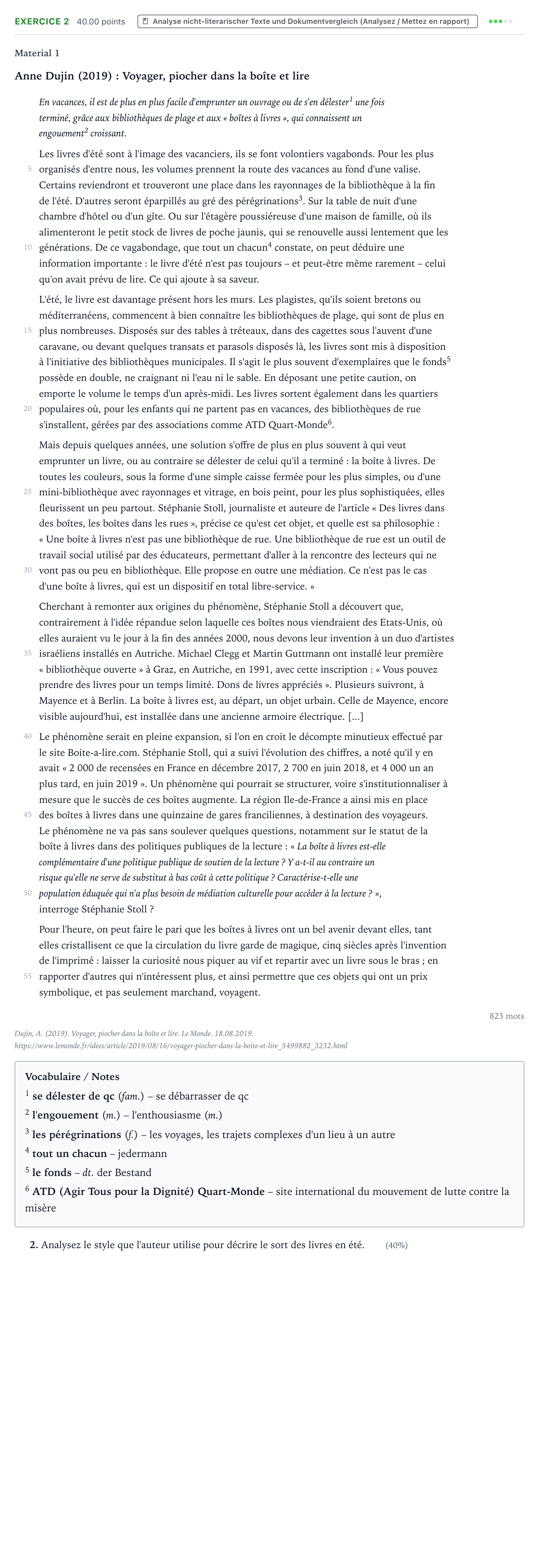 Aufgabenstellung: Aufgabe 2 · Abitur NRW Französisch LK · Dujin: Voyager, piocher dans la boî 2024