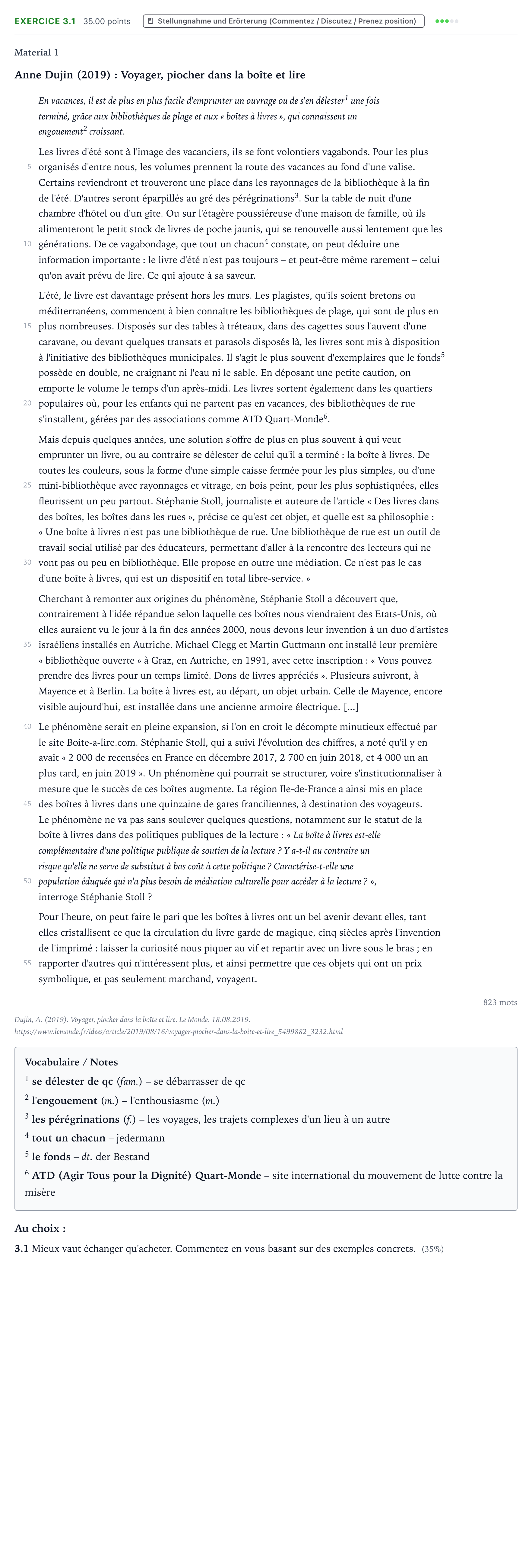 Aufgabenstellung: Aufgabe 3.1 · Abitur NRW Französisch LK · Dujin: Voyager, piocher dans la boî 2024