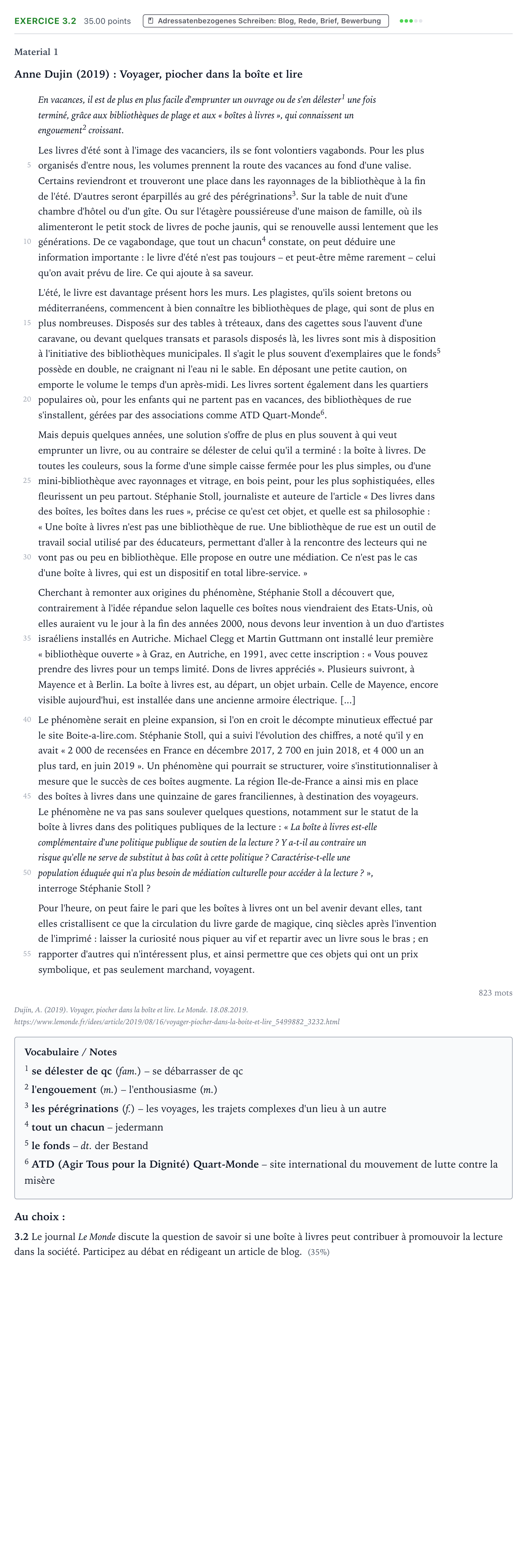 Aufgabenstellung: Aufgabe 3.2 · Abitur NRW Französisch LK · Dujin: Voyager, piocher dans la boî 2024