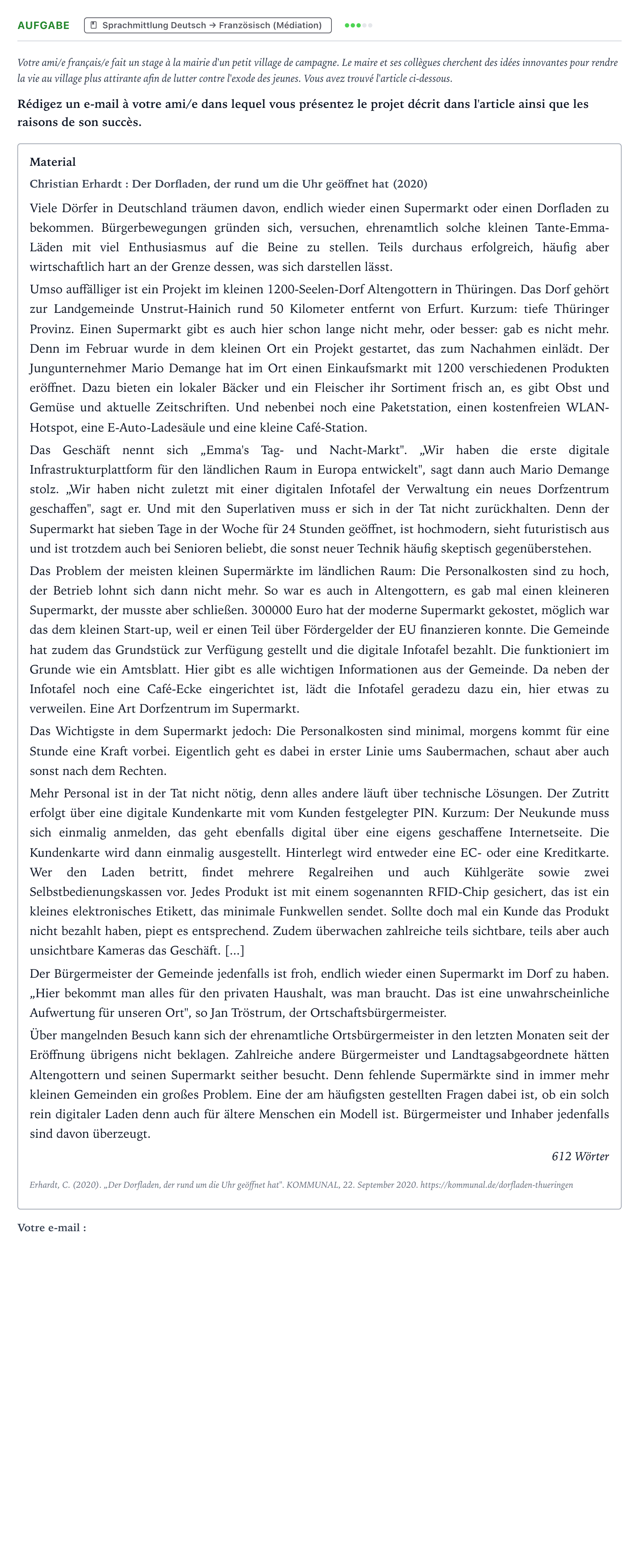 Aufgabenstellung: Aufgabe · Abitur NRW Französisch LK · Erhardt: Der Dorfladen, der rund um 2024