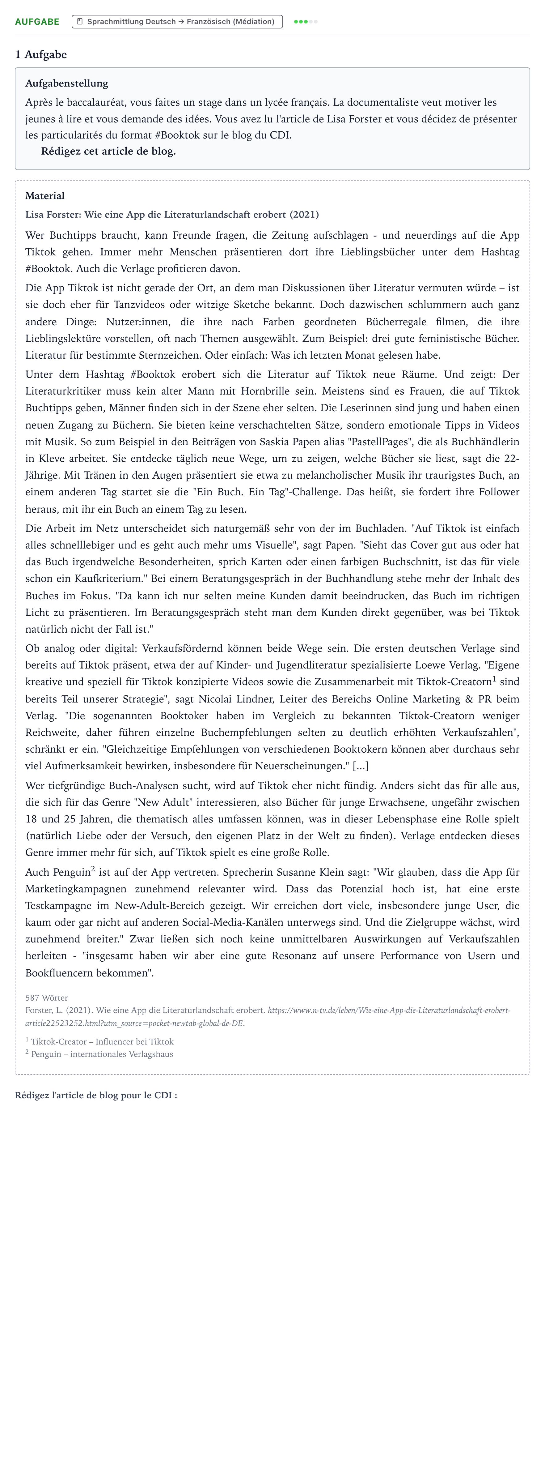 Aufgabenstellung: Aufgabe · Abitur NRW Französisch LK · Forster: Wie eine App die Literatur 2024