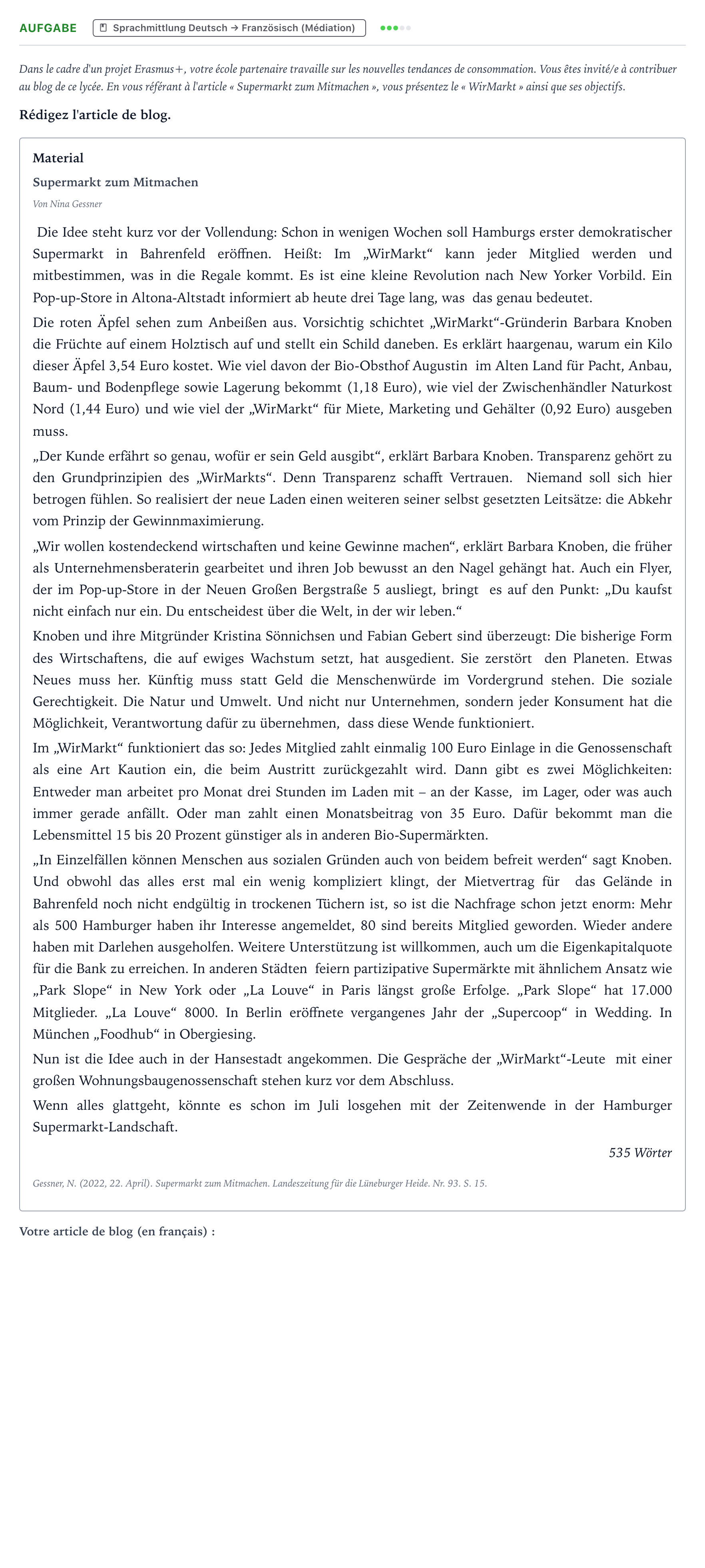 Aufgabenstellung: Aufgabe · Abitur NRW Französisch LK · Gessner, N.: Supermarkt zum Mitmach 2026