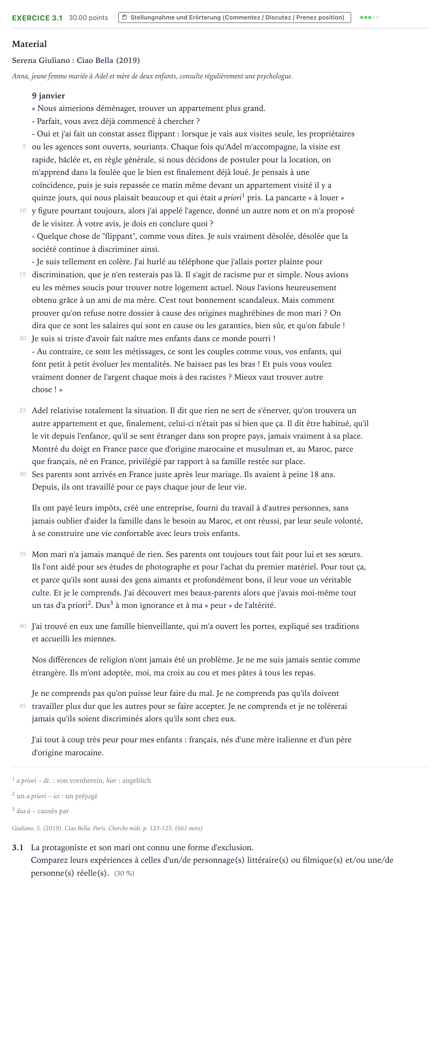 Aufgabenstellung: Aufgabe 3.1 · Abitur NRW Französisch GK · Giuliano: Ciao Bella 2023