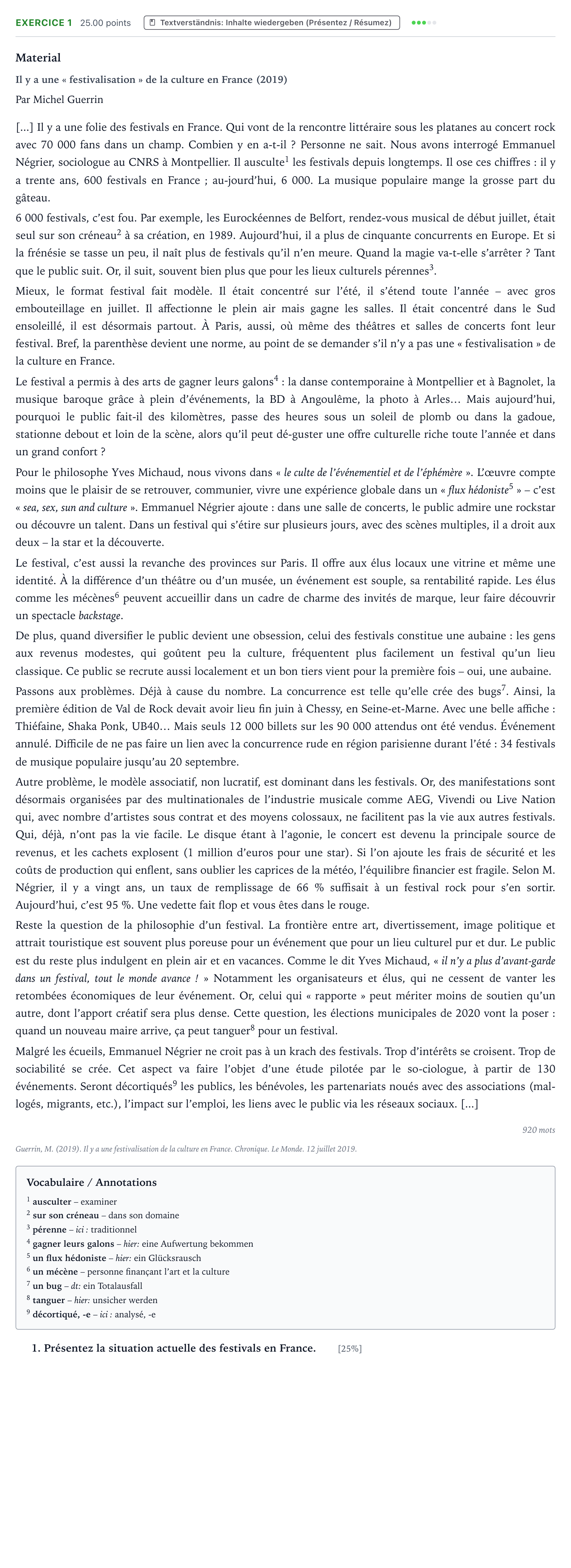 Aufgabenstellung: Aufgabe 1 · Abitur NRW Französisch LK · Guerrin: Il y a une "festivalisatio 2023