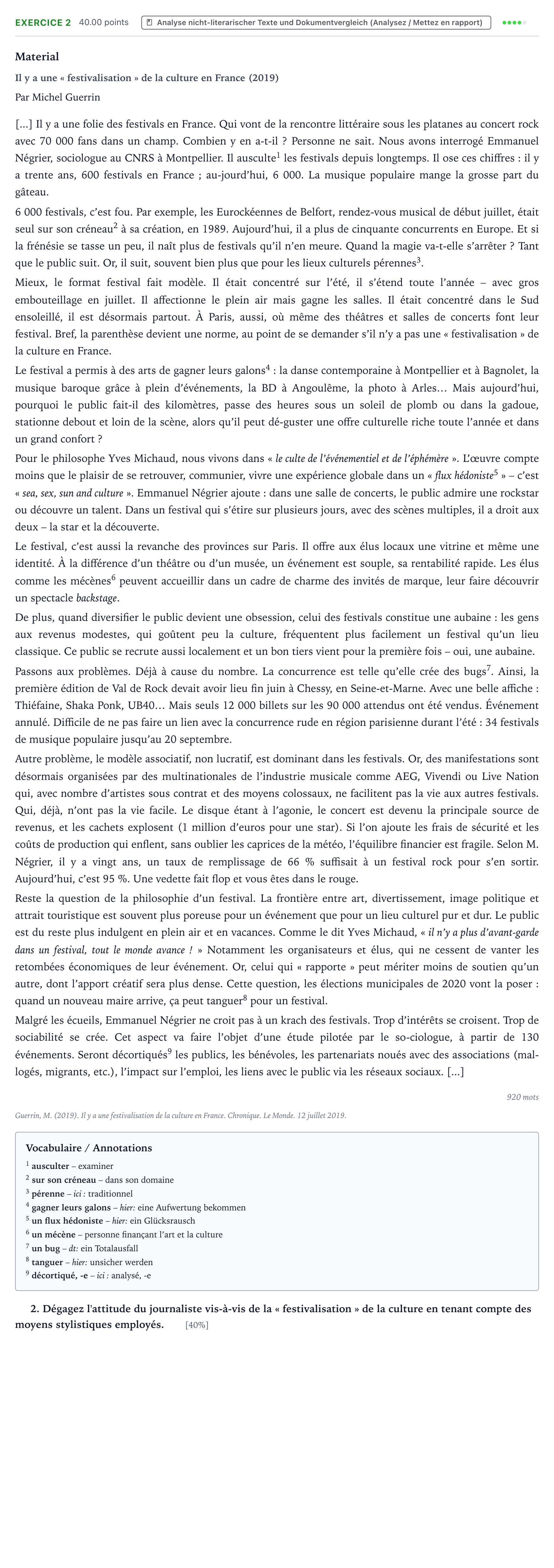 Aufgabenstellung: Aufgabe 2 · Abitur NRW Französisch LK · Guerrin: Il y a une "festivalisatio 2023