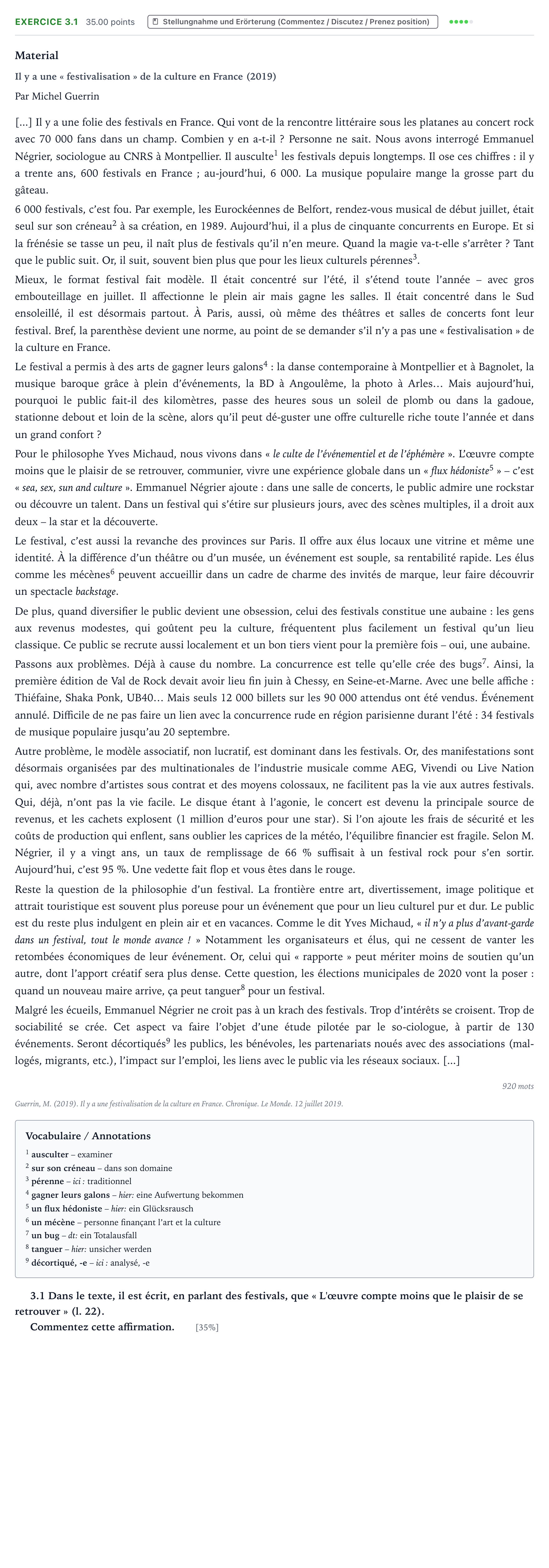 Aufgabenstellung: Aufgabe 3.1 · Abitur NRW Französisch LK · Guerrin: Il y a une "festivalisatio 2023