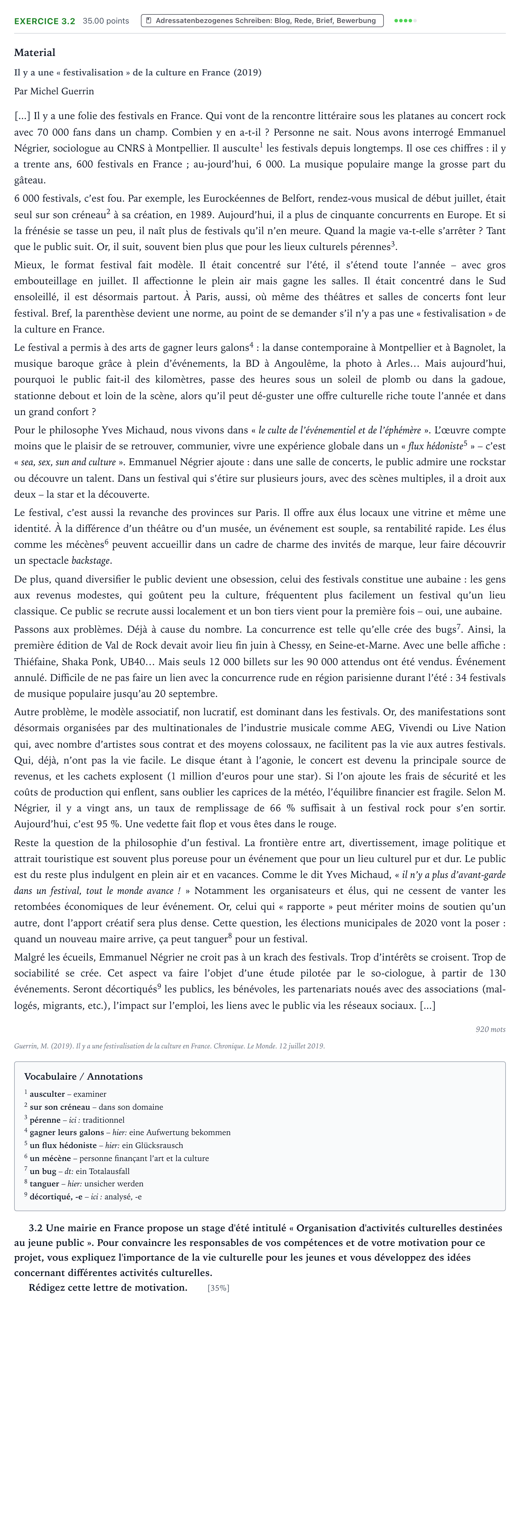 Aufgabenstellung: Aufgabe 3.2 · Abitur NRW Französisch LK · Guerrin: Il y a une "festivalisatio 2023
