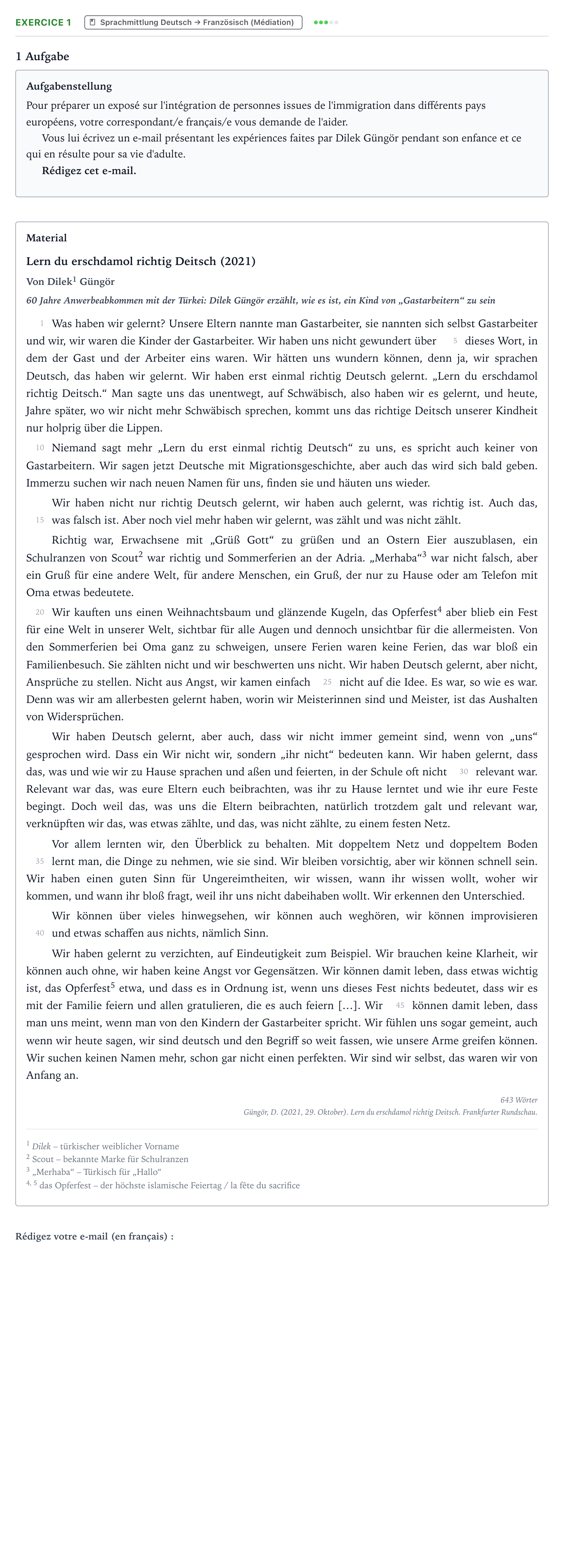 Aufgabenstellung: Aufgabe 1 · Abitur NRW Französisch LK · Güngör, D.: Lern du erschdamol rich 2025
