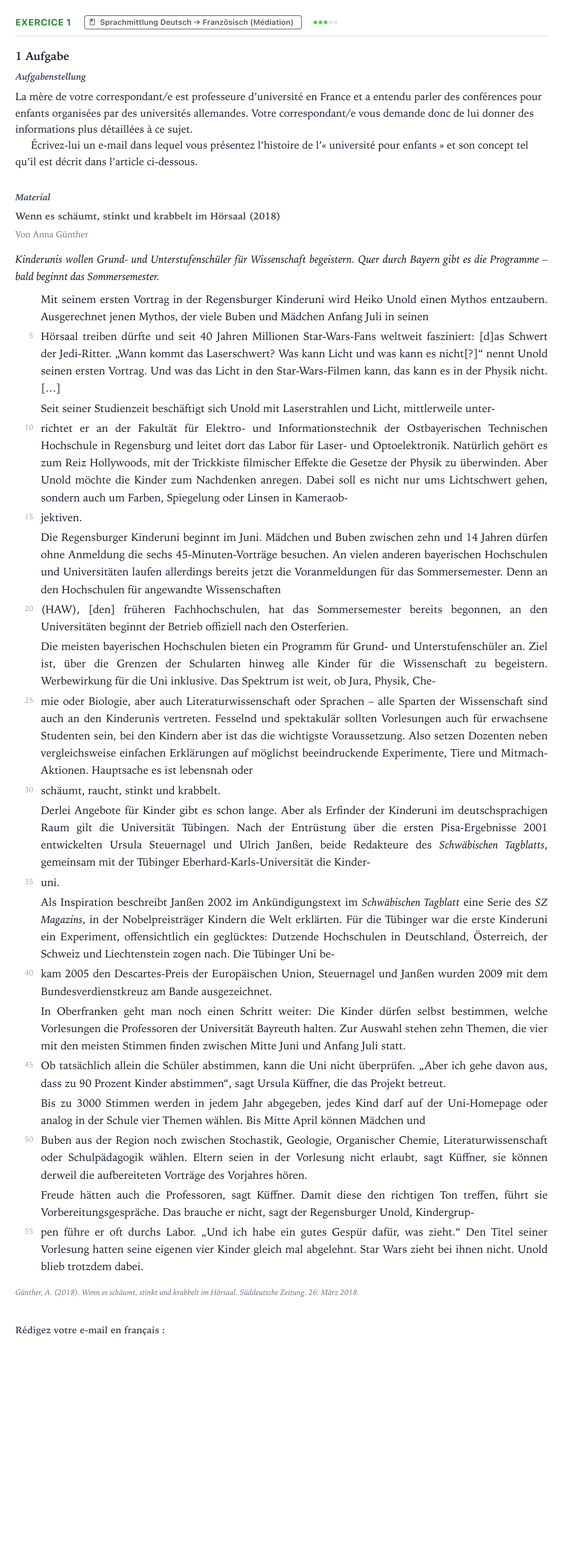 Aufgabenstellung: Aufgabe 1 · Abitur NRW Französisch LK · Günther: Wenn es schäumt, stinkt un 2023