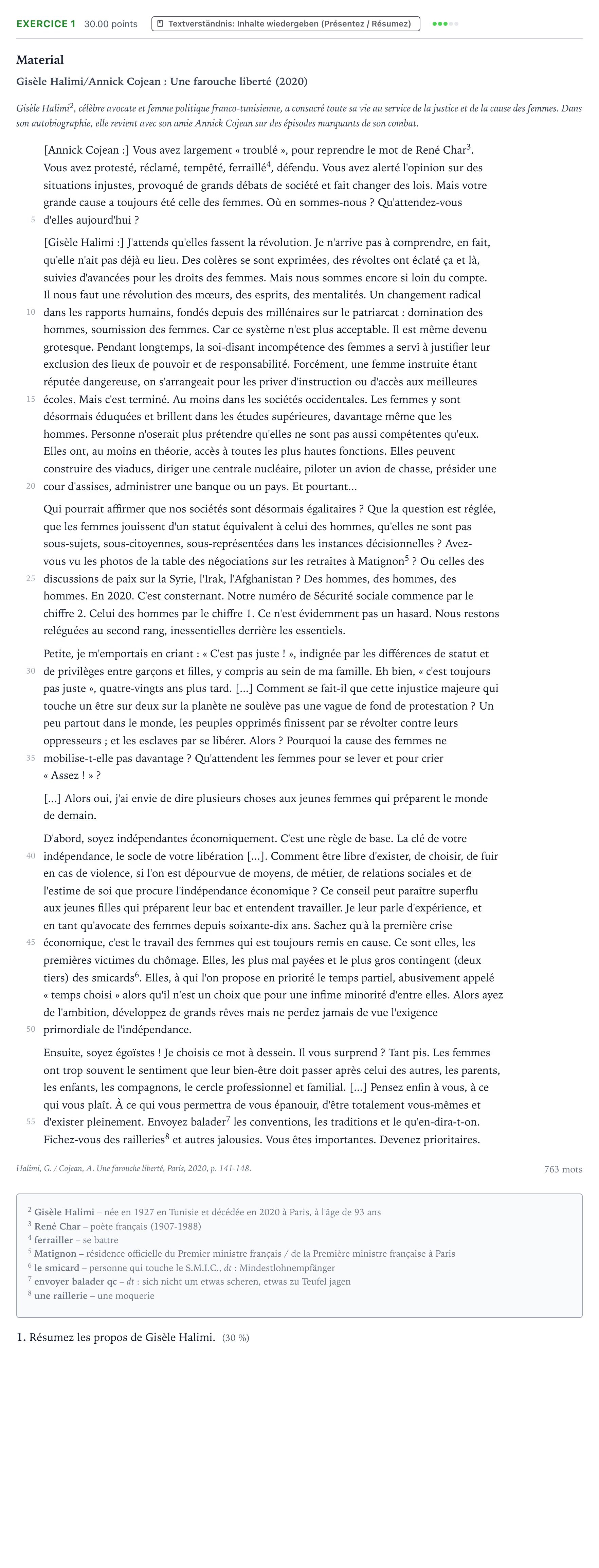 Aufgabenstellung: Aufgabe 1 · Abitur NRW Französisch LK · Halimi/Cojean: Une farouche liberté 2023