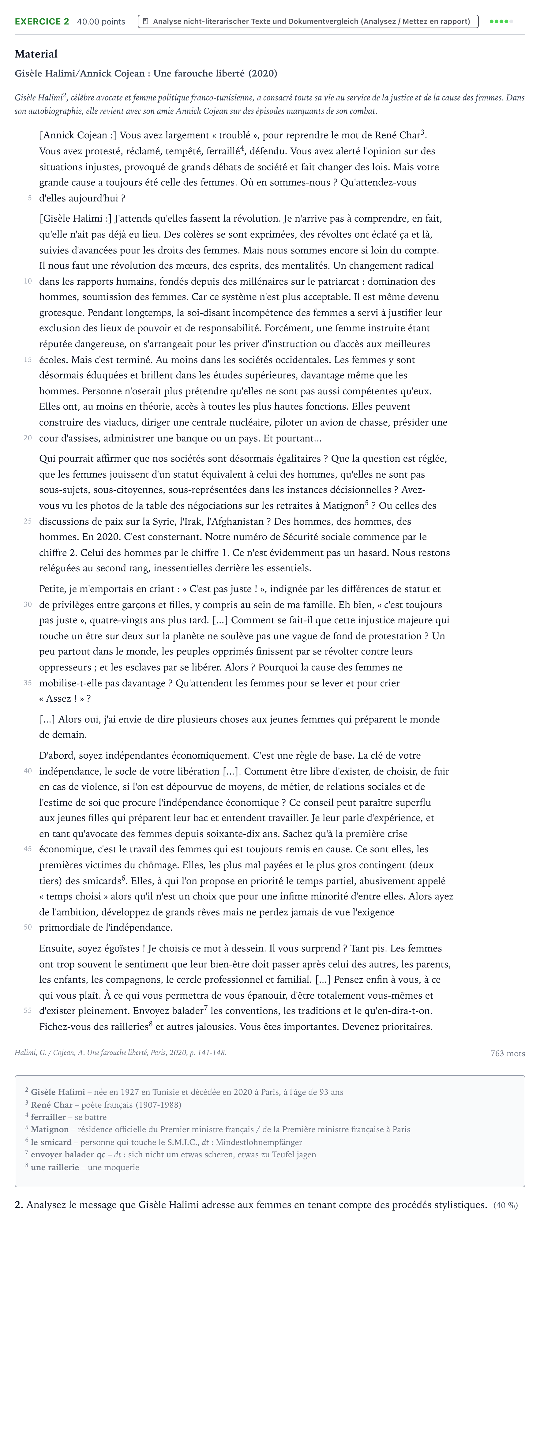 Aufgabenstellung: Aufgabe 2 · Abitur NRW Französisch LK · Halimi/Cojean: Une farouche liberté 2023