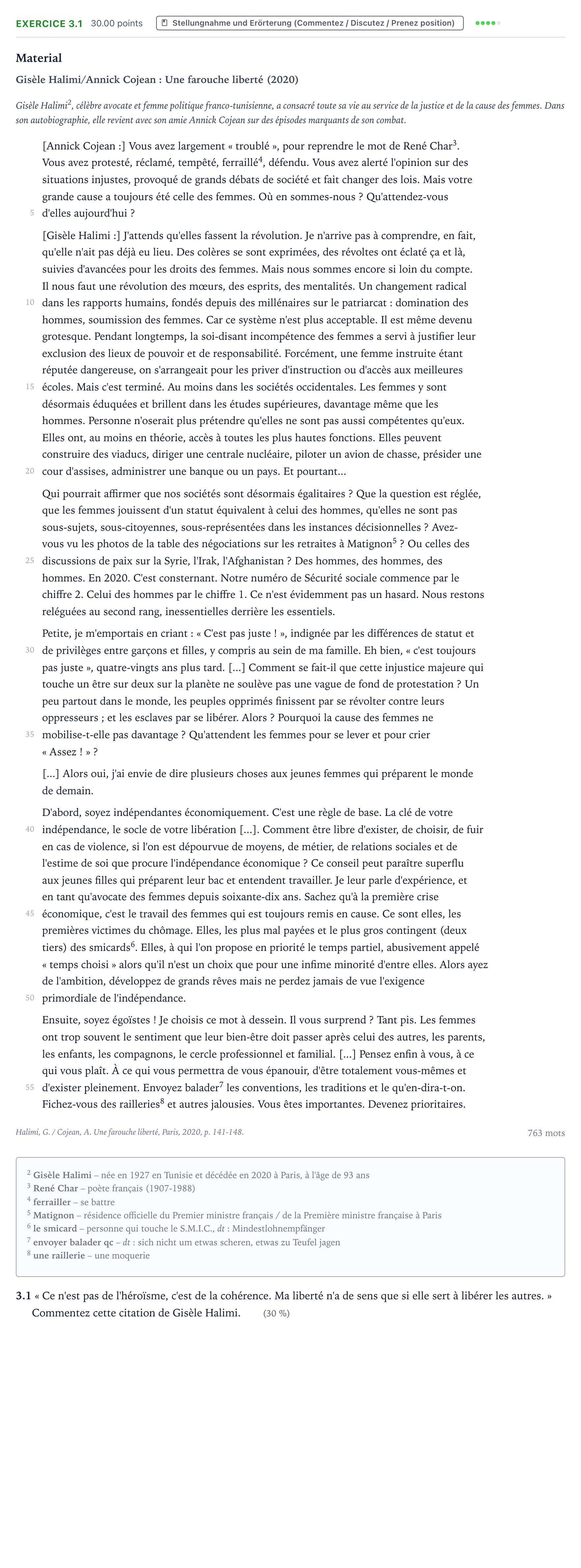 Aufgabenstellung: Aufgabe 3.1 · Abitur NRW Französisch LK · Halimi/Cojean: Une farouche liberté 2023