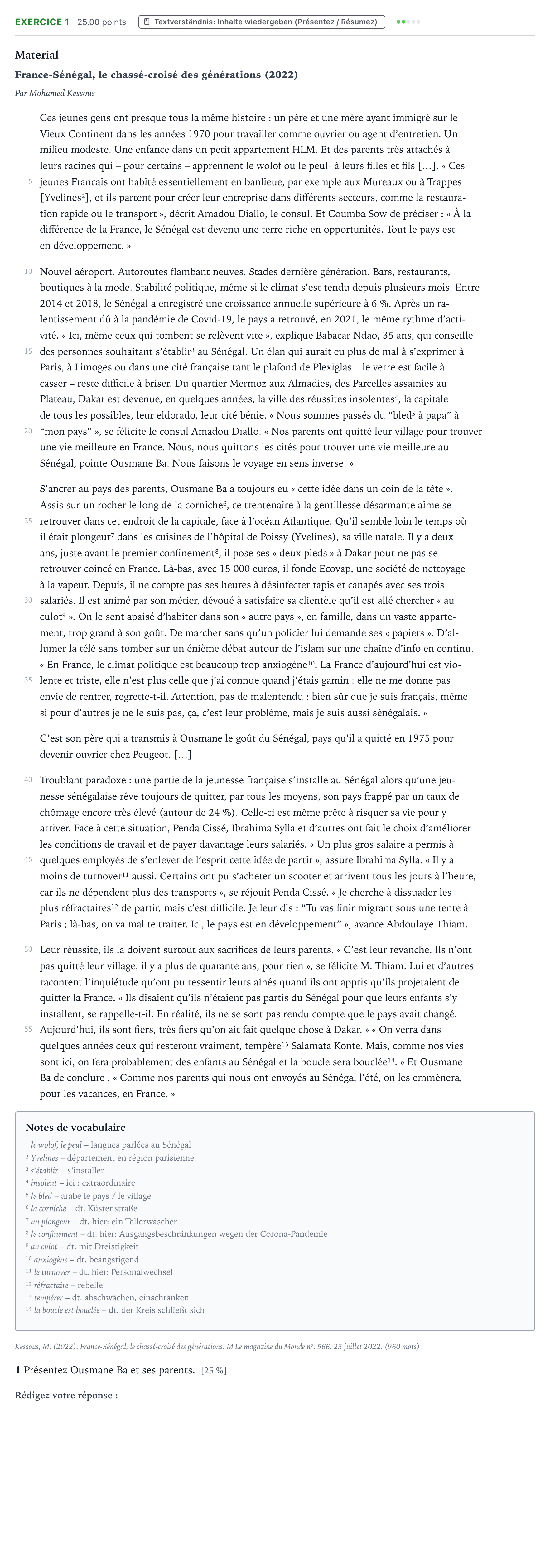 Aufgabenstellung: Aufgabe 1 · Abitur NRW Französisch LK · Kessous, M.: France-Sénégal, le cha 2025