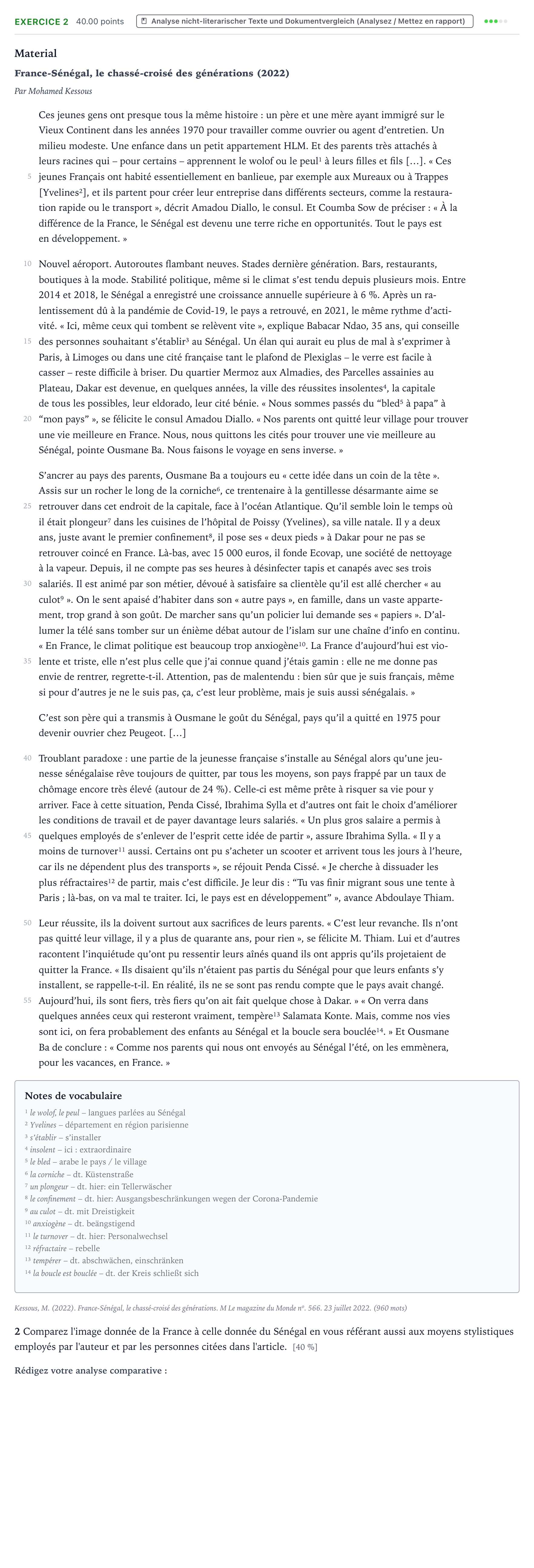 Aufgabenstellung: Aufgabe 2 · Abitur NRW Französisch LK · Kessous, M.: France-Sénégal, le cha 2025
