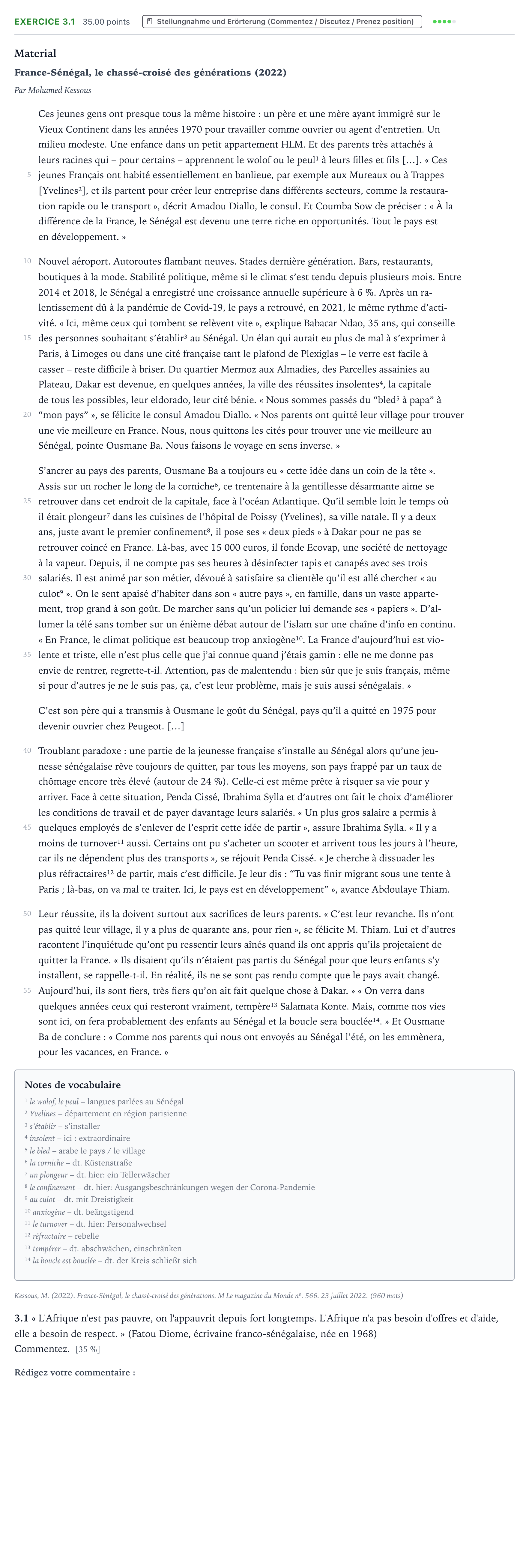 Aufgabenstellung: Aufgabe 3.1 · Abitur NRW Französisch LK · Kessous, M.: France-Sénégal, le cha 2025