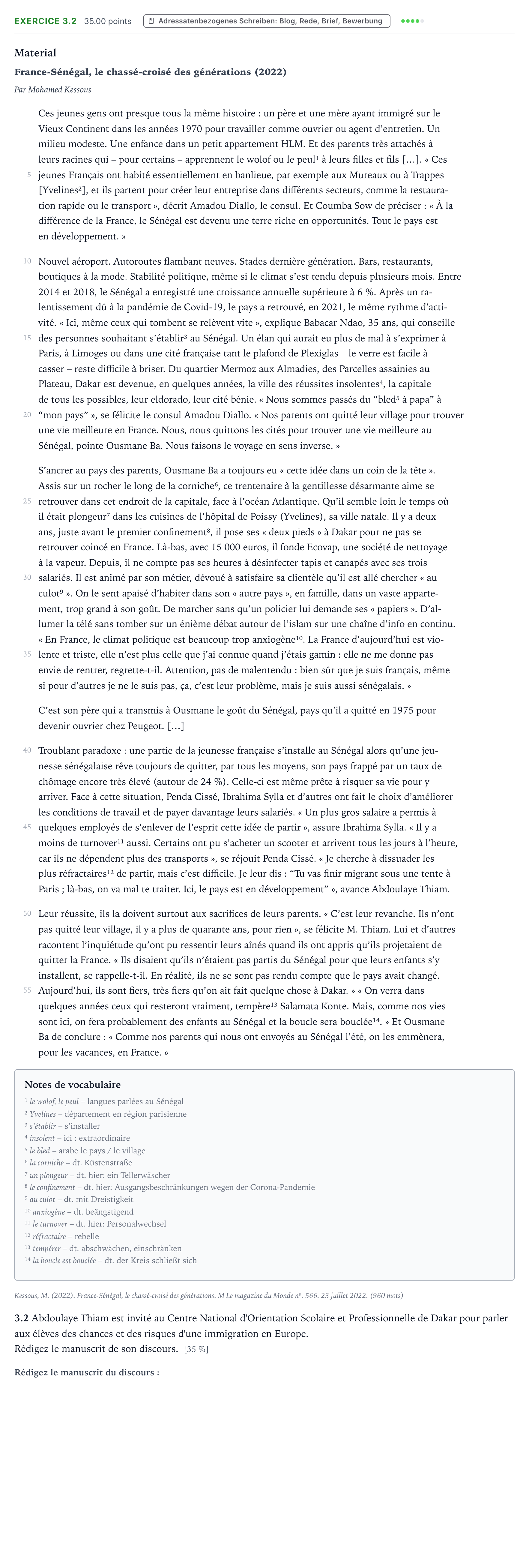 Aufgabenstellung: Aufgabe 3.2 · Abitur NRW Französisch LK · Kessous, M.: France-Sénégal, le cha 2025