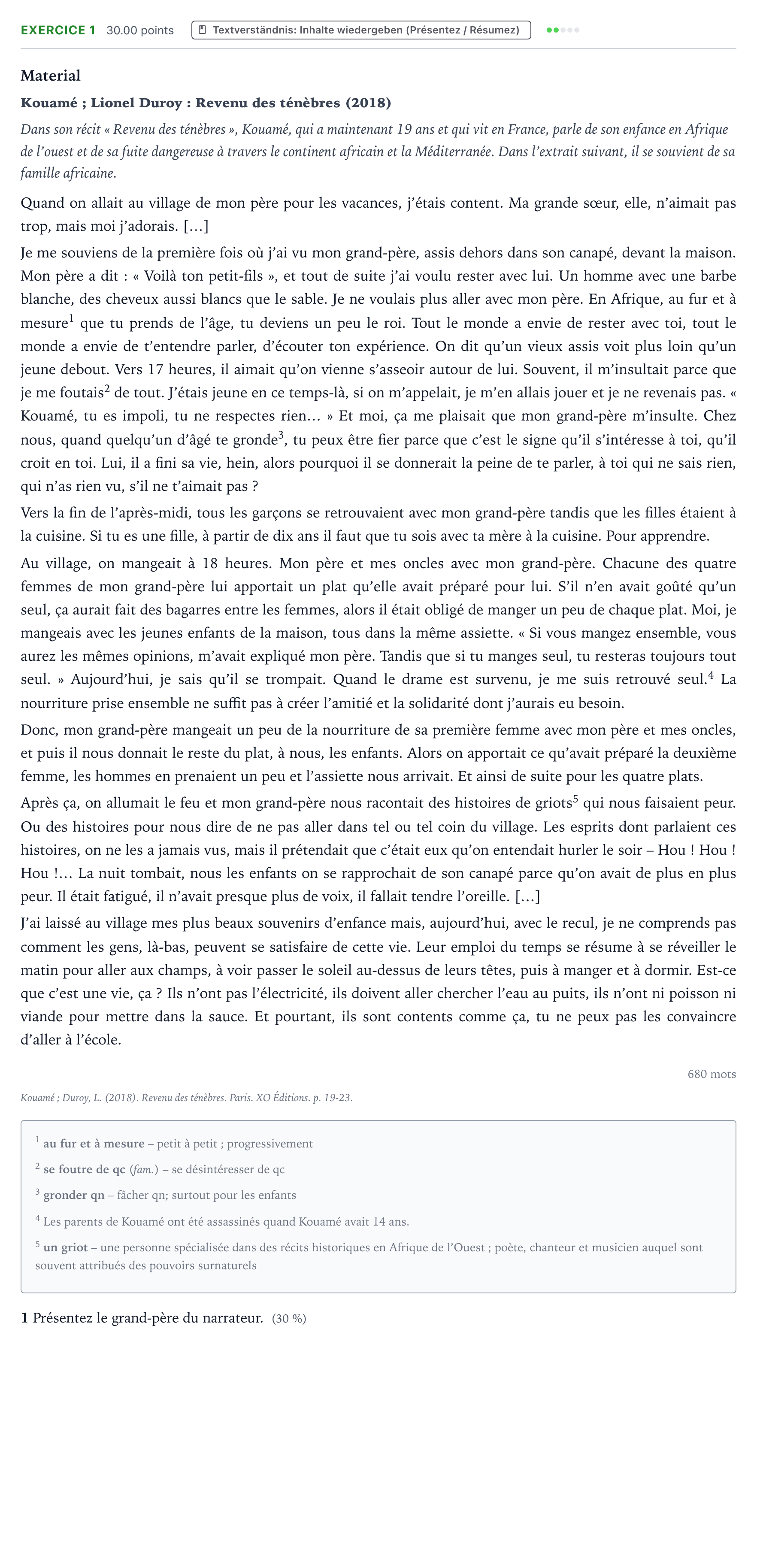 Aufgabenstellung: Aufgabe 1 · Abitur NRW Französisch GK · Kouamé ; Duroy, L.: Revenu des ténè 2025