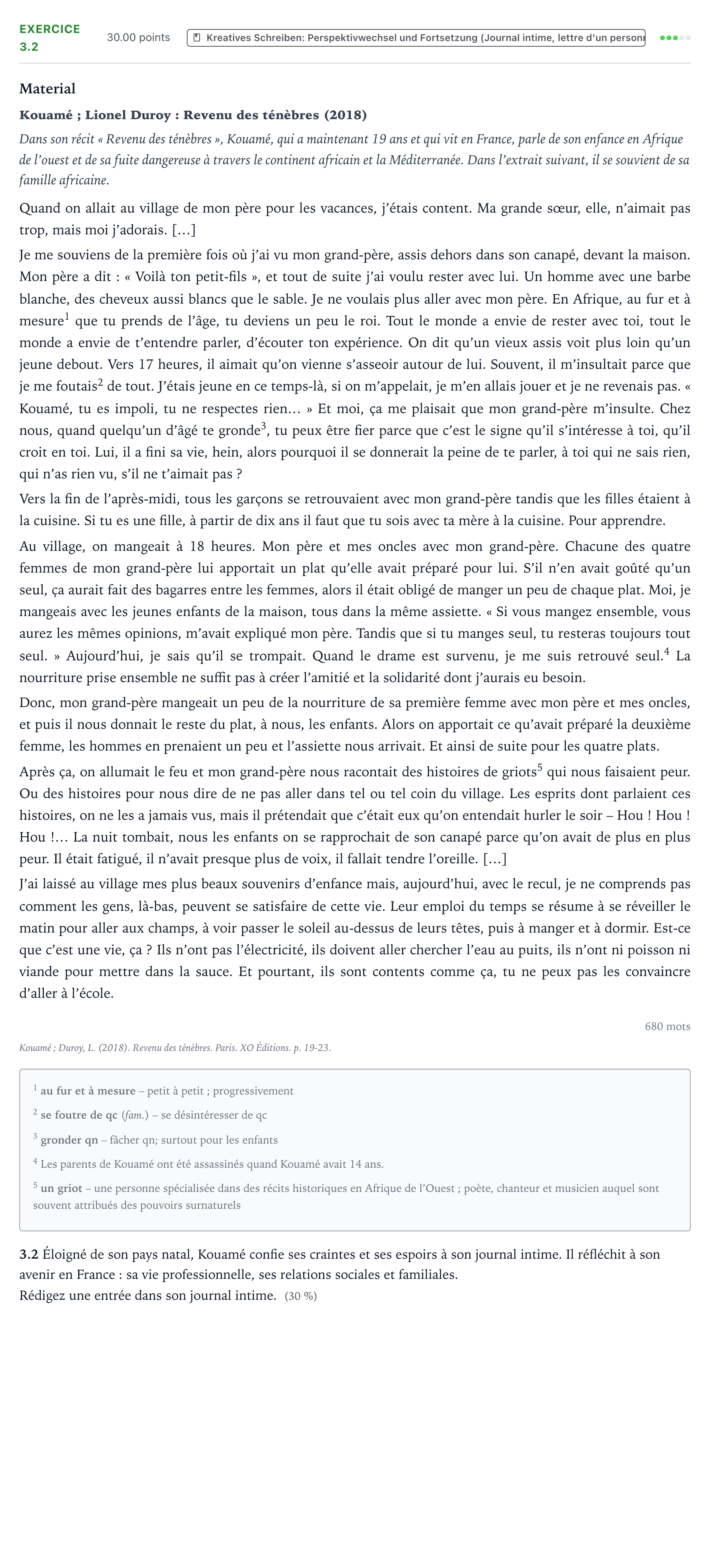Aufgabenstellung: Aufgabe 3.2 · Abitur NRW Französisch GK · Kouamé ; Duroy, L.: Revenu des ténè 2025
