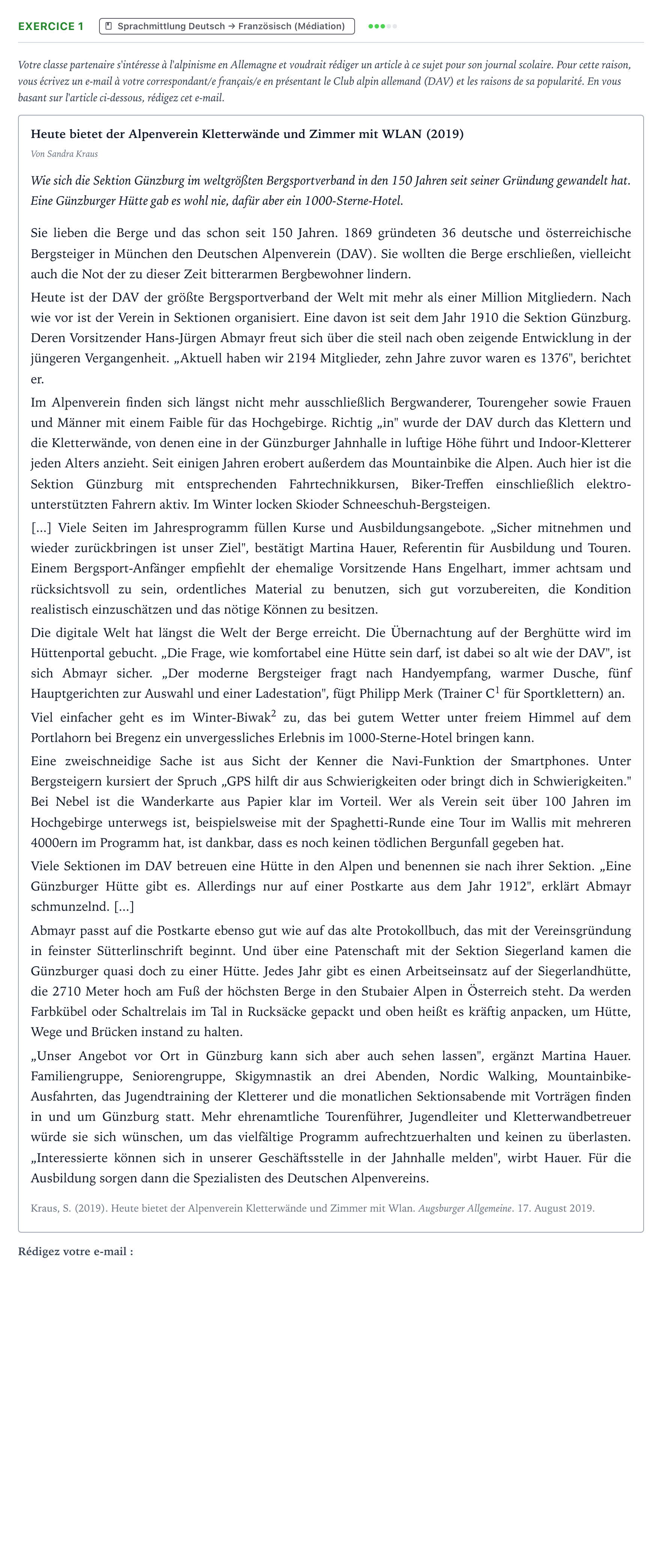 Aufgabenstellung: Aufgabe 1 · Abitur NRW Französisch LK · Kraus: Heute bietet der Alpenverein 2023