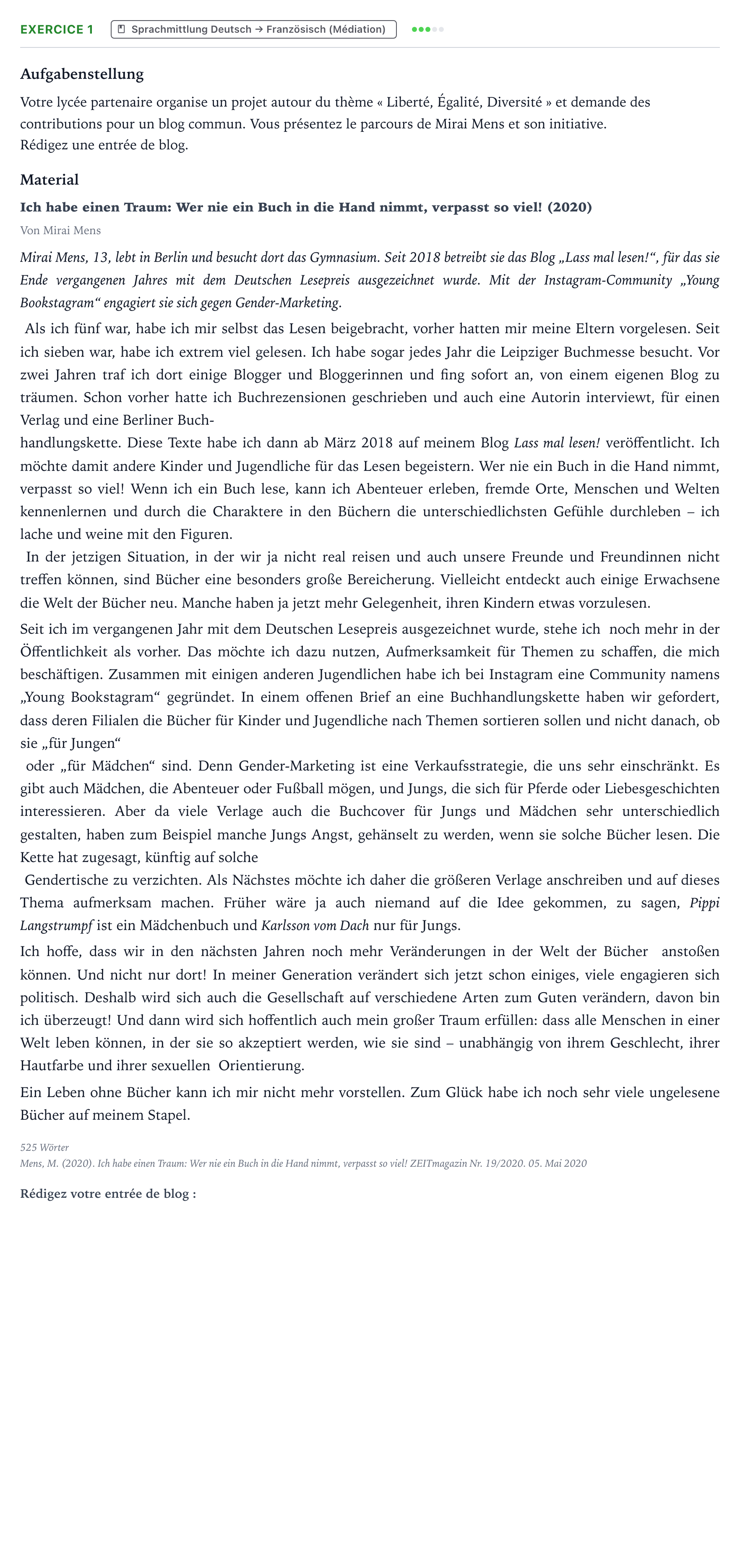 Aufgabenstellung: Aufgabe 1 · Abitur NRW Französisch GK · Mens: Ich habe einen Traum: Wer nie 2023