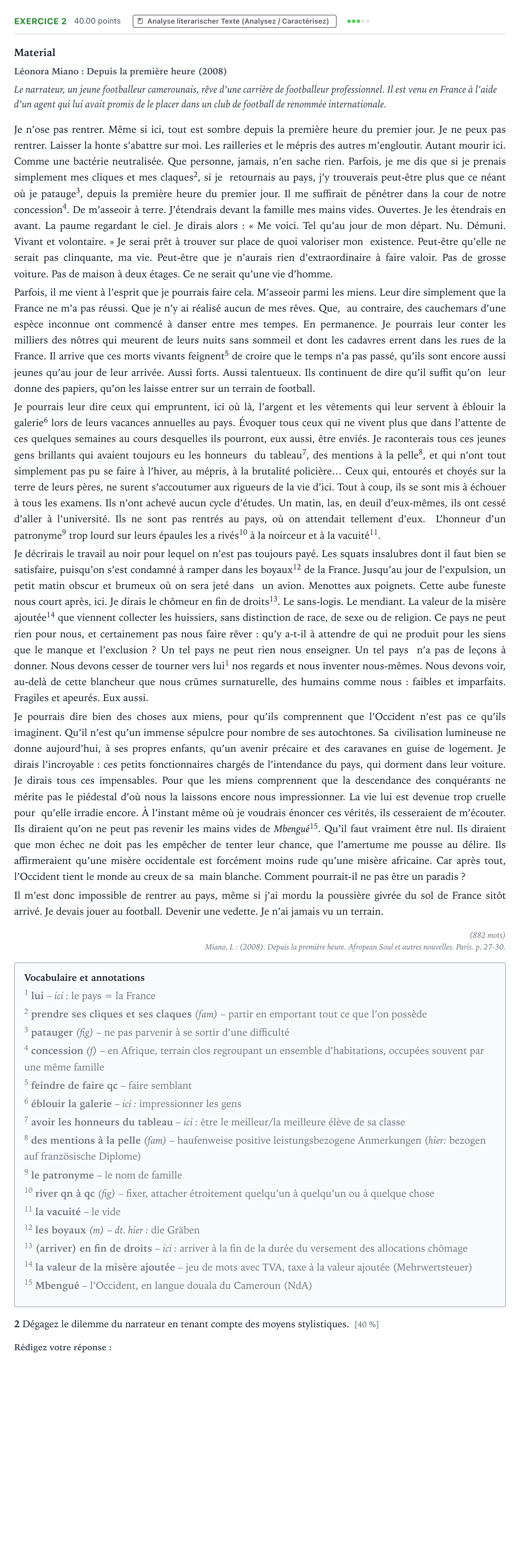 Aufgabenstellung: Aufgabe 2 · Abitur NRW Französisch LK · Miano: Depuis la première heure 2024