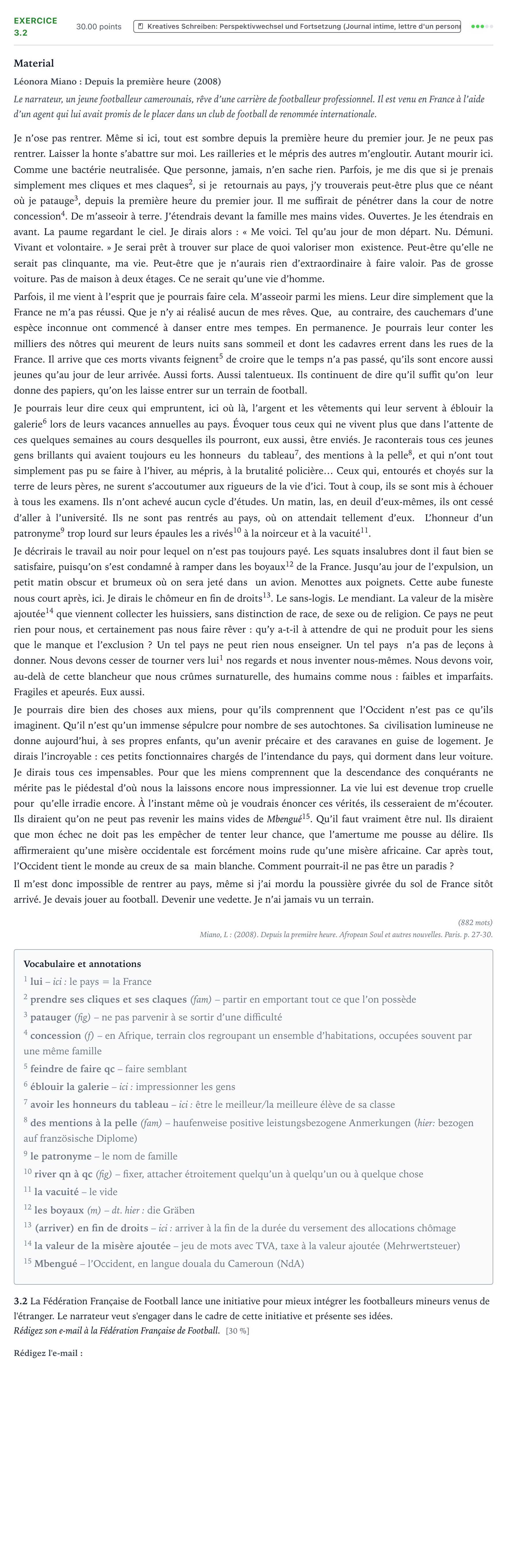 Aufgabenstellung: Aufgabe 3.2 · Abitur NRW Französisch LK · Miano: Depuis la première heure 2024
